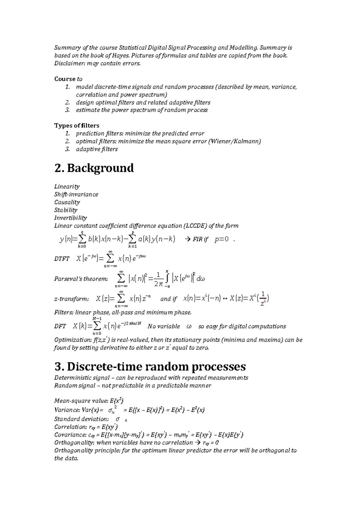 Summary of Statistical Digital Signal Processing (DSP) and Modeling ...