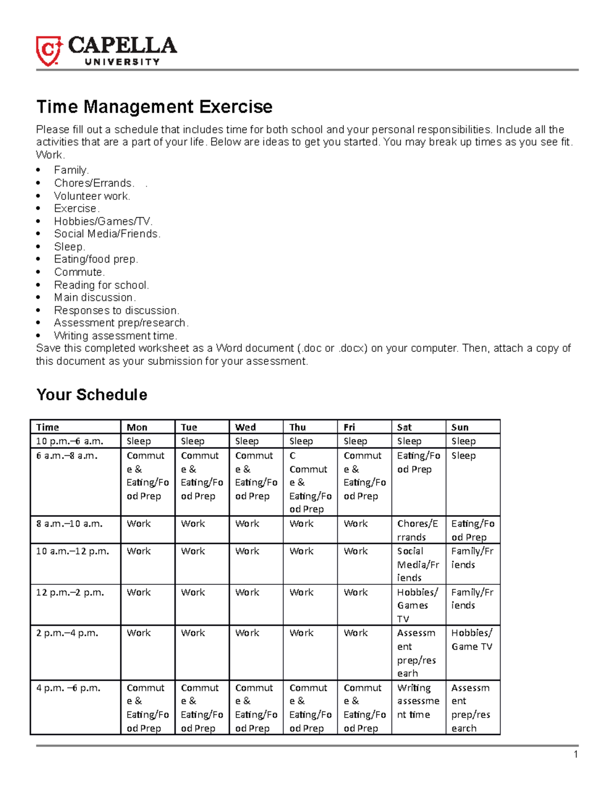 PSYC-FPX3002 Assessment 1 - Time Management Exercise Please fill out a ...