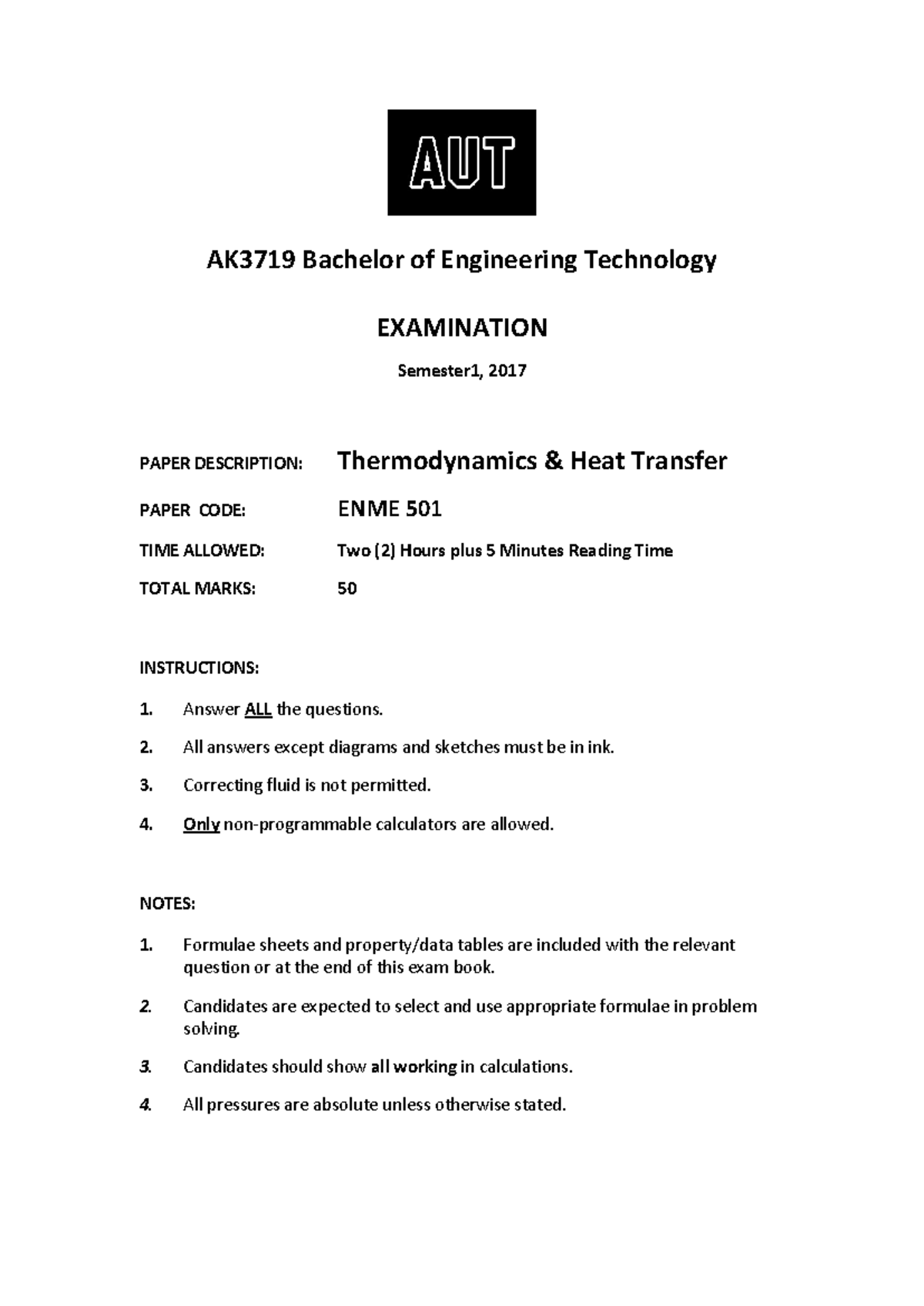 Final Exam Paper: Thermodynamics & Heat Transfer (ENME AK3719) - Studocu