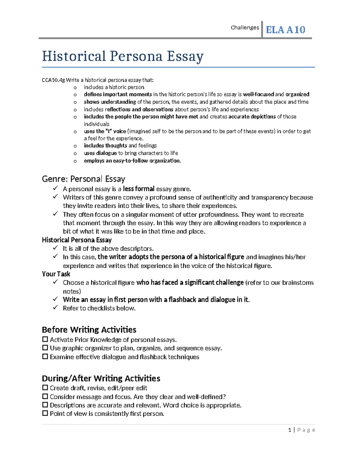 Challenges historical persona essay a10 - ELA A Historical Persona ...