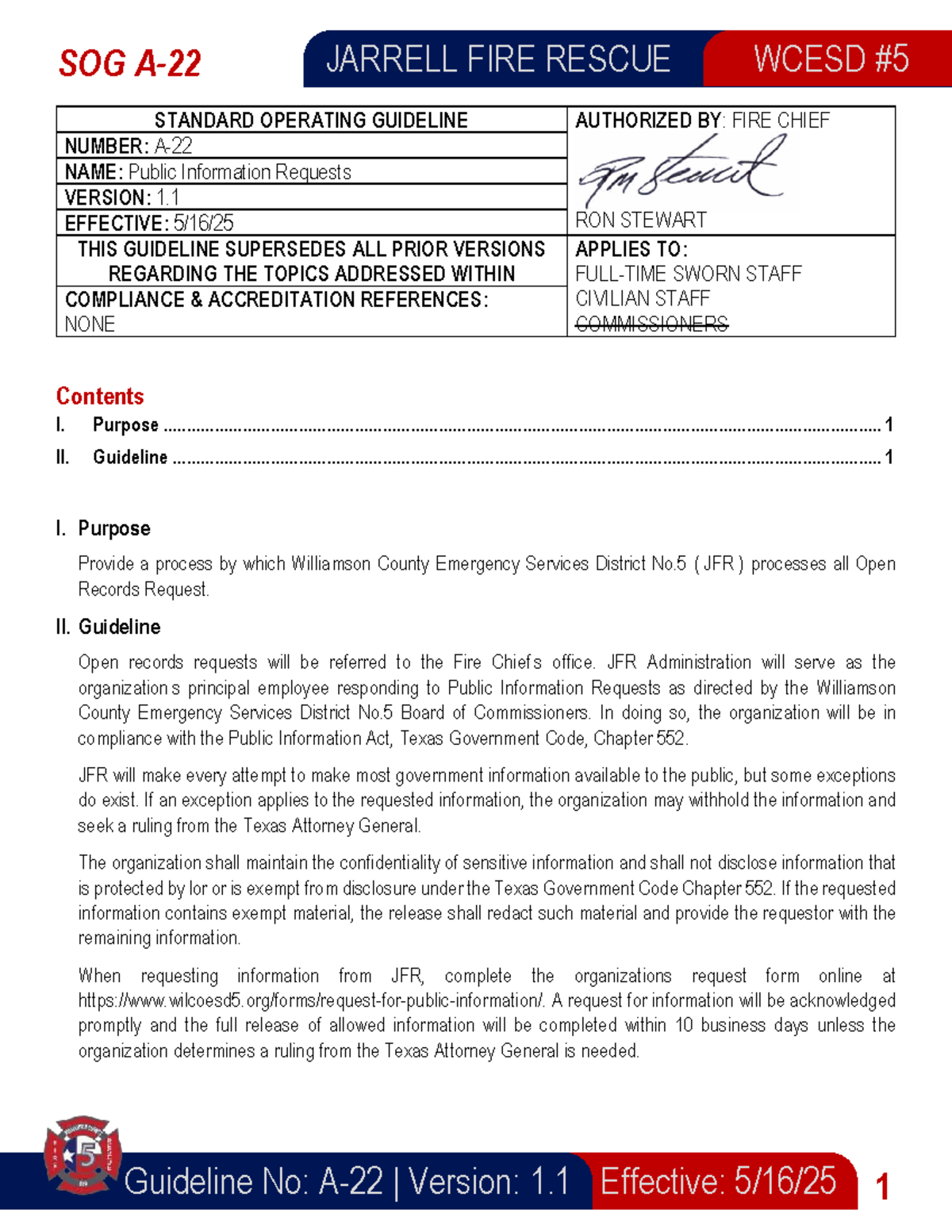 JARRELL FIRE RESCUE WCESD #5 SOG A-22: Public Info Requests Guideline ...