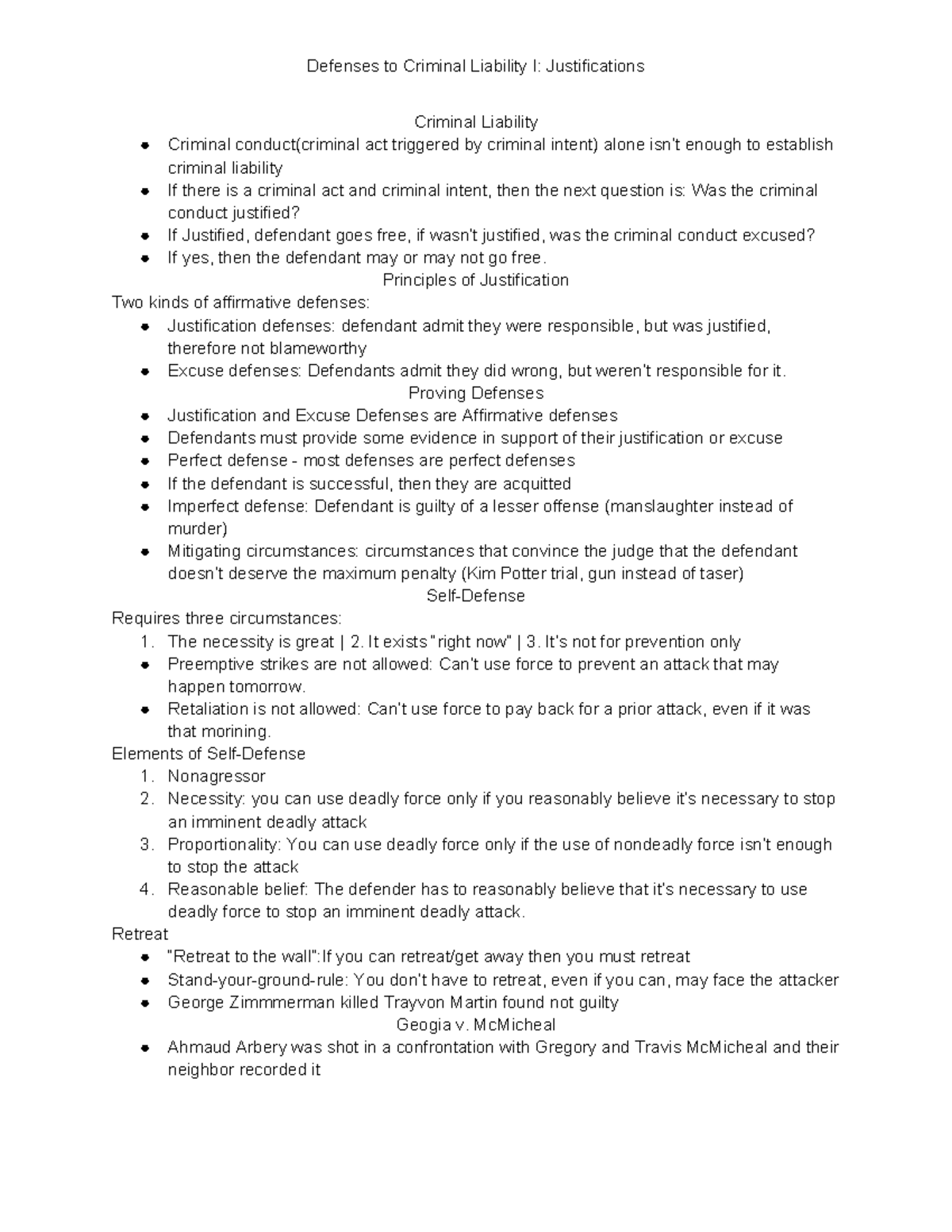 Defenses to Criminal Liability I: Justifications & Self-Defense ...