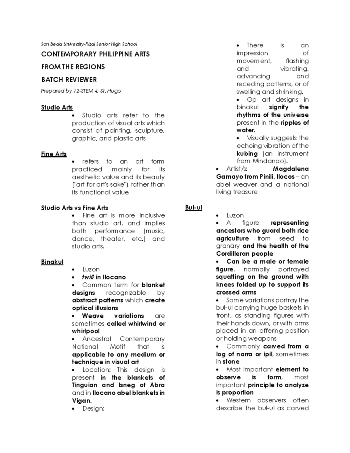 Grade 12 CPAR - Review Notes on Contemporary Philippine Arts - Studocu