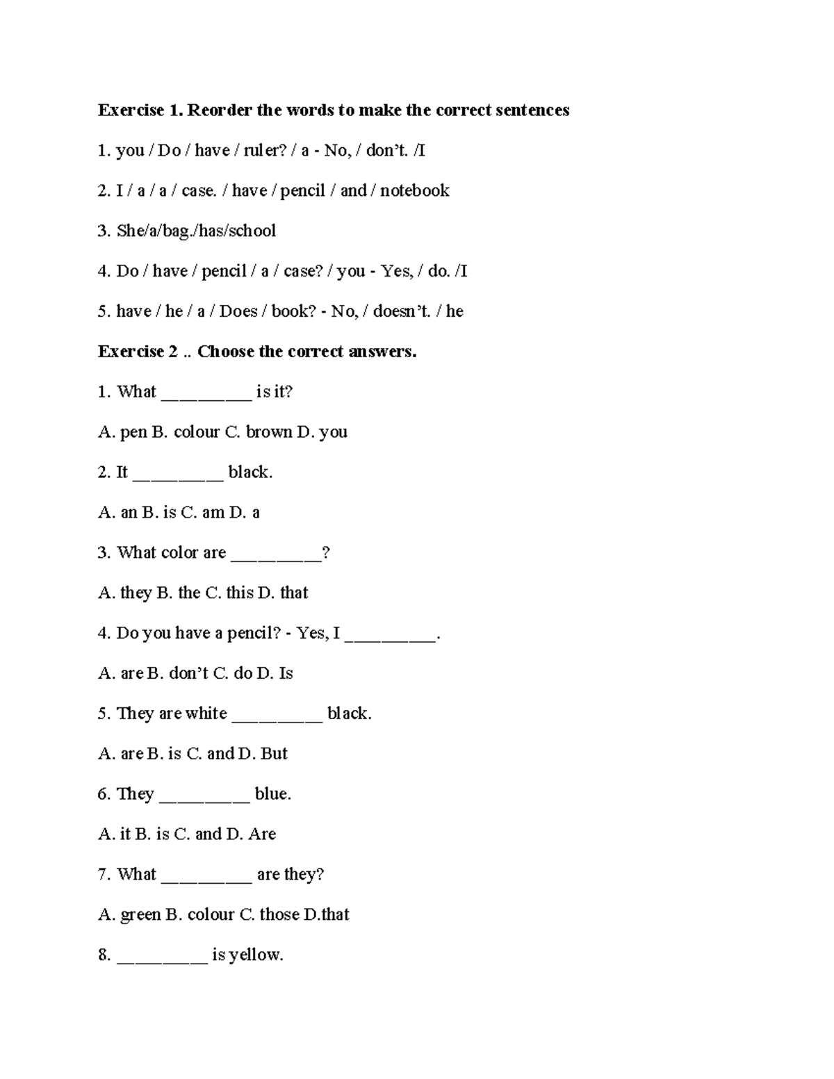 Bài Tập Lớp 3 - Exercise 1 & 2: Reordering & Choosing Answers - Studocu