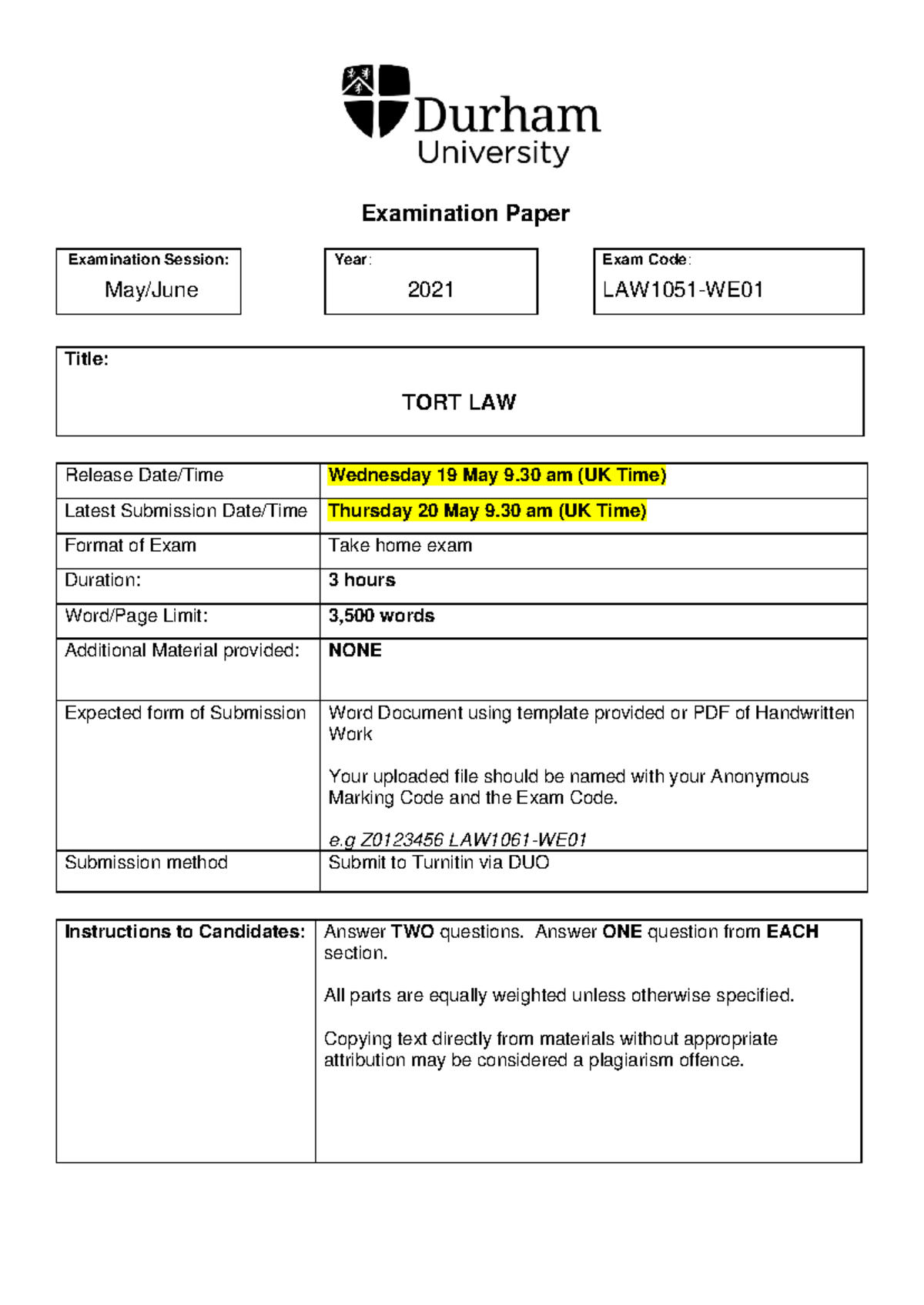 TORT LAW LAW1051-WE May/June 2021 Exam Paper and Questions - Studocu