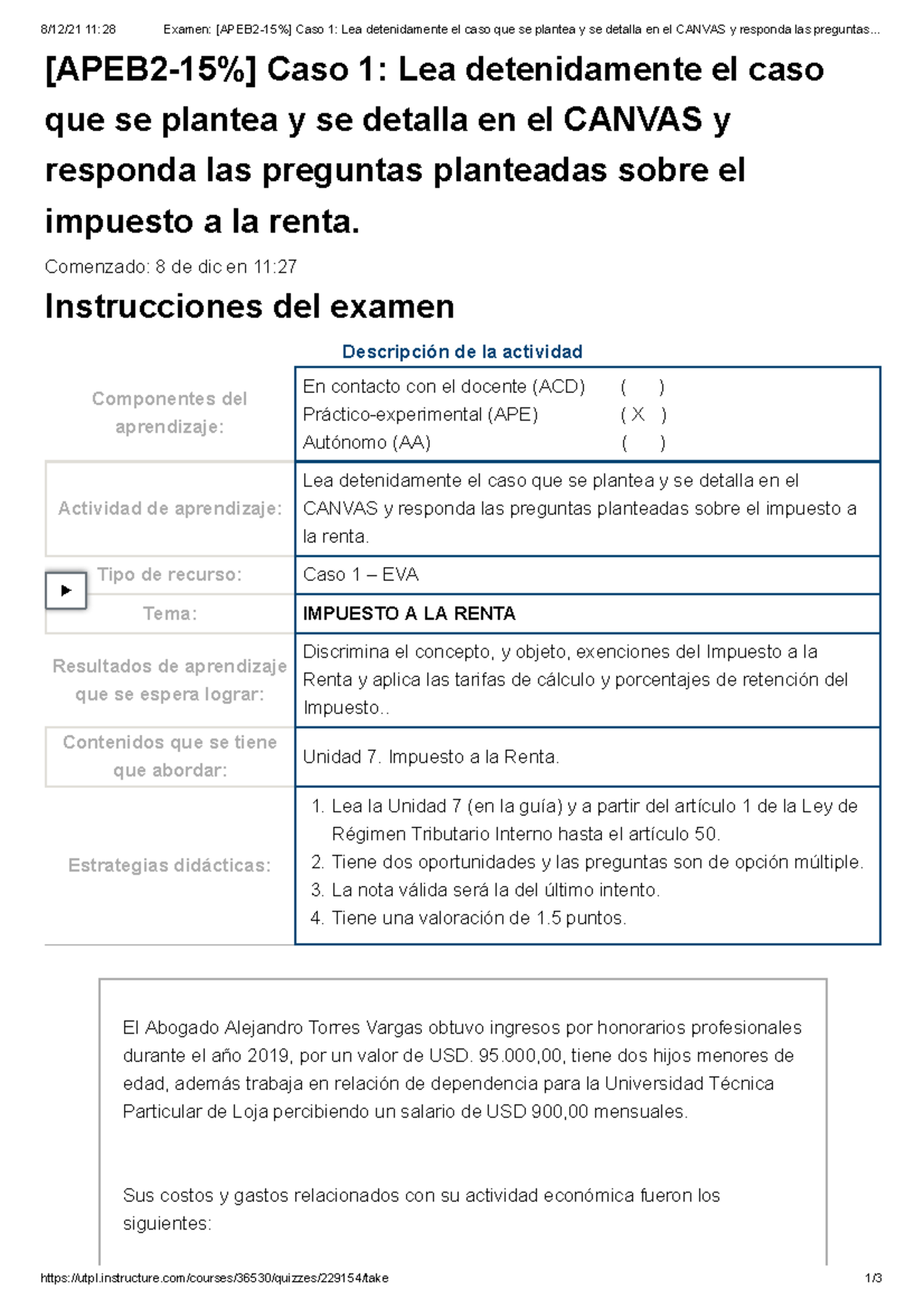 Examen Final [APEB2-15%] Caso 1: Análisis del Impuesto a la Renta - Studocu