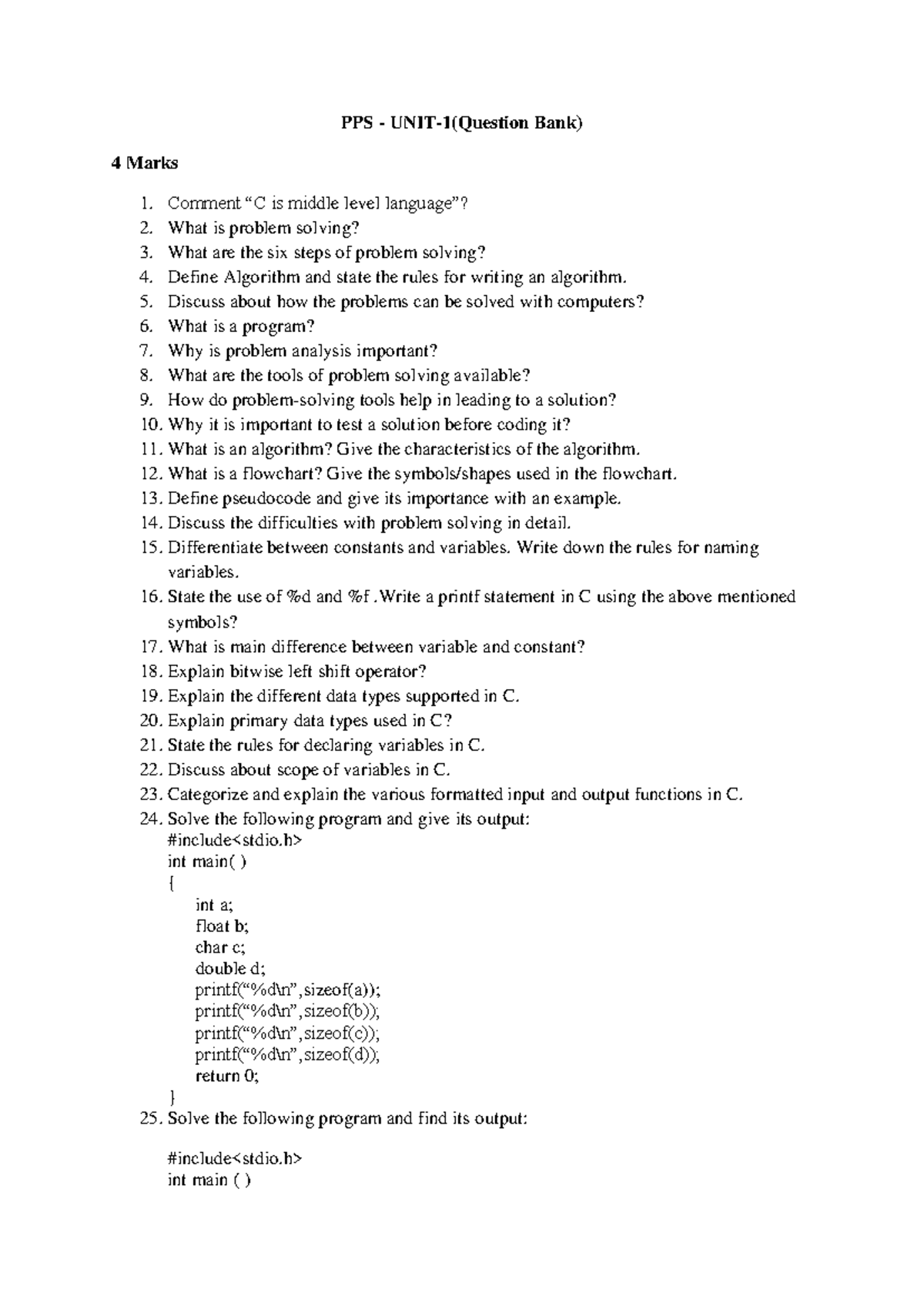 UNIT 1 Question BANK - PPS - UNIT-1(Question Bank) 4 Marks Comment