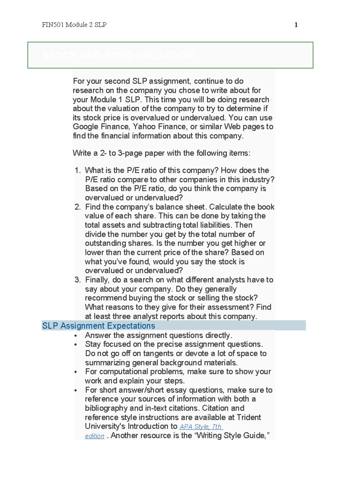 FIN501 Module 2 SLP: Stock Valuation Analysis of Chevron Corporation ...