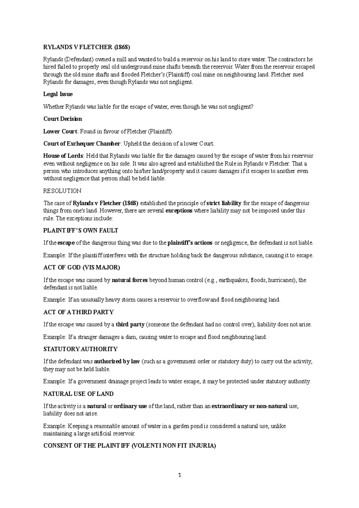 The case of Rylands v Fletcher - RYLANDS V FLETCHER (1868) Rylands ...