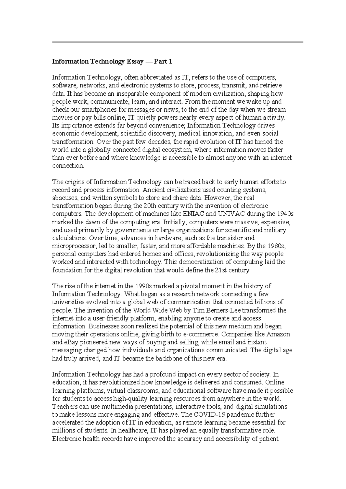 IT Essay Part 1: The Evolution and Impact of Information Technology ...