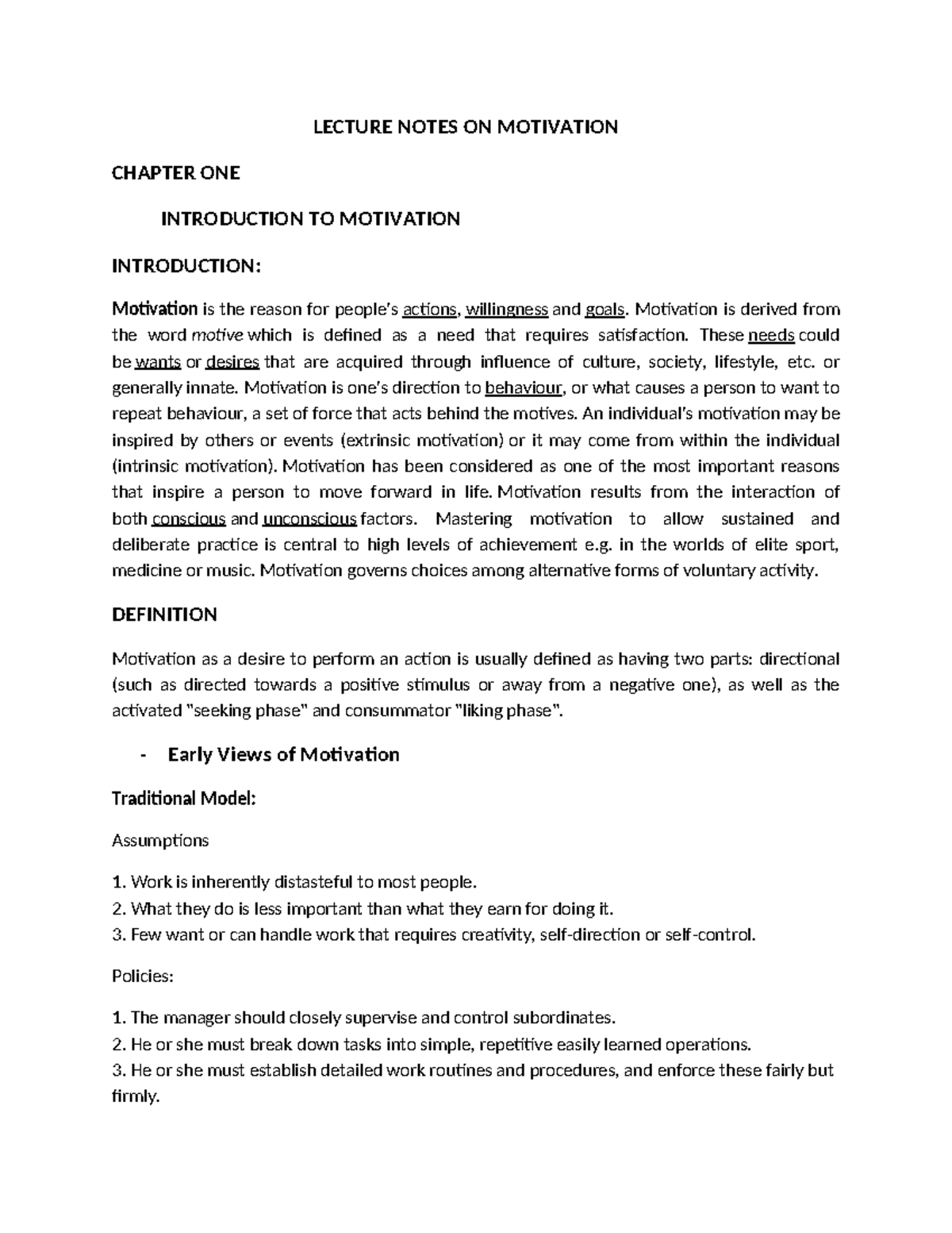 LECTURE NOTES ON MOTIVATION: CHAPTER ONE INTRODUCTION - Studocu