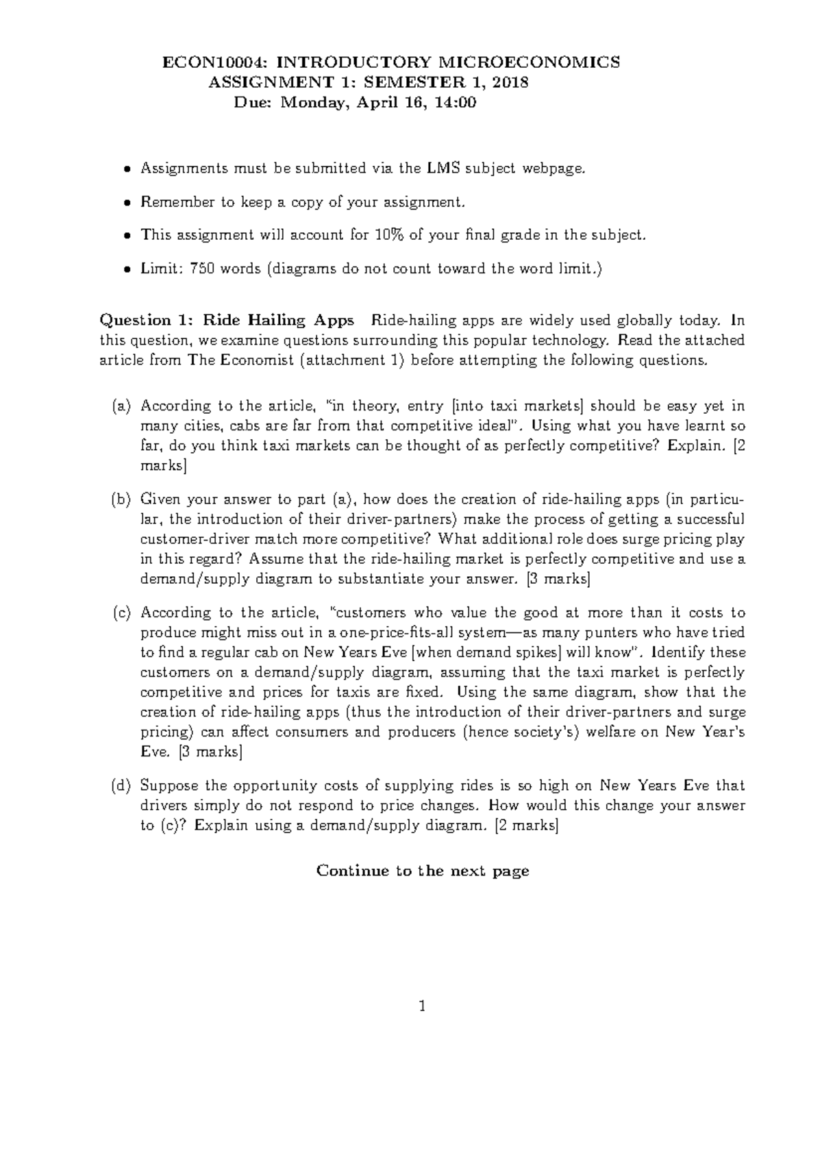 ECON10004: Problem Set 1 - Microeconomics Assignment on Taxi Markets ...