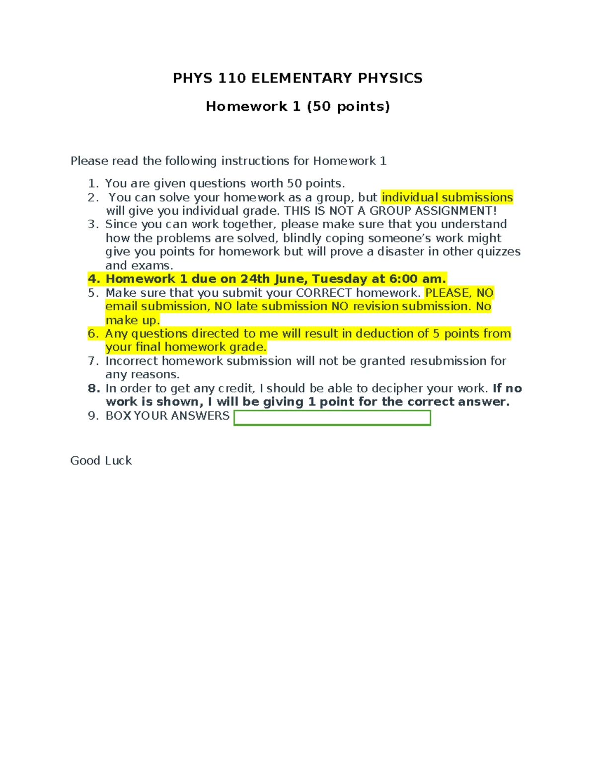 PHYS 110 ELEMENTARY PHYSICS Homework 3 Instructions and Problems - Studocu