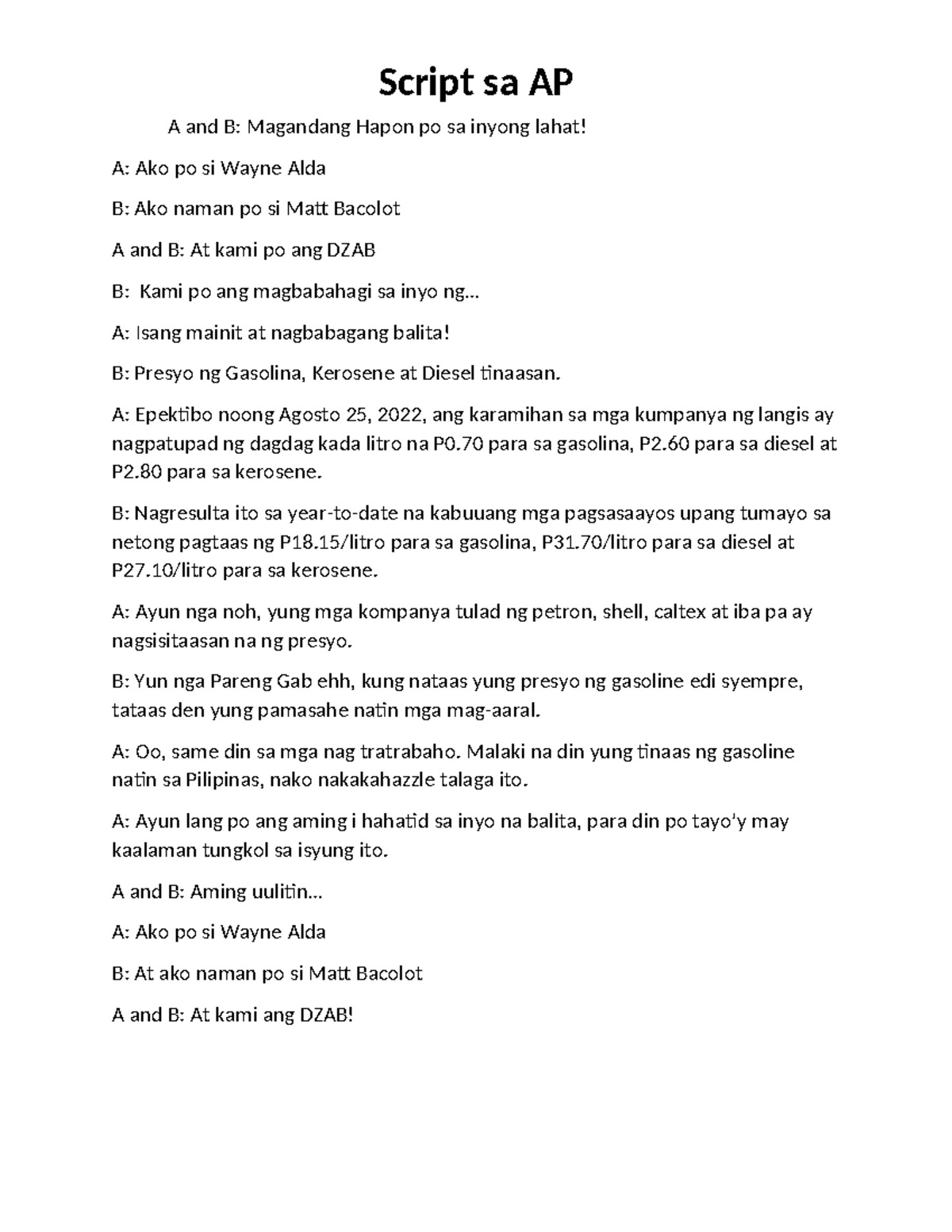AP Script - news - Script sa AP A and B: Magandang Hapon po sa inyong ...