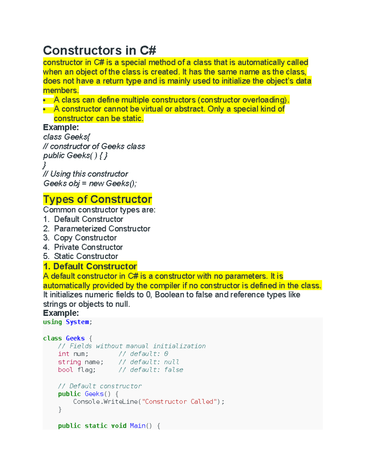 Constructors in C#: Types and Usage Explained - Studocu