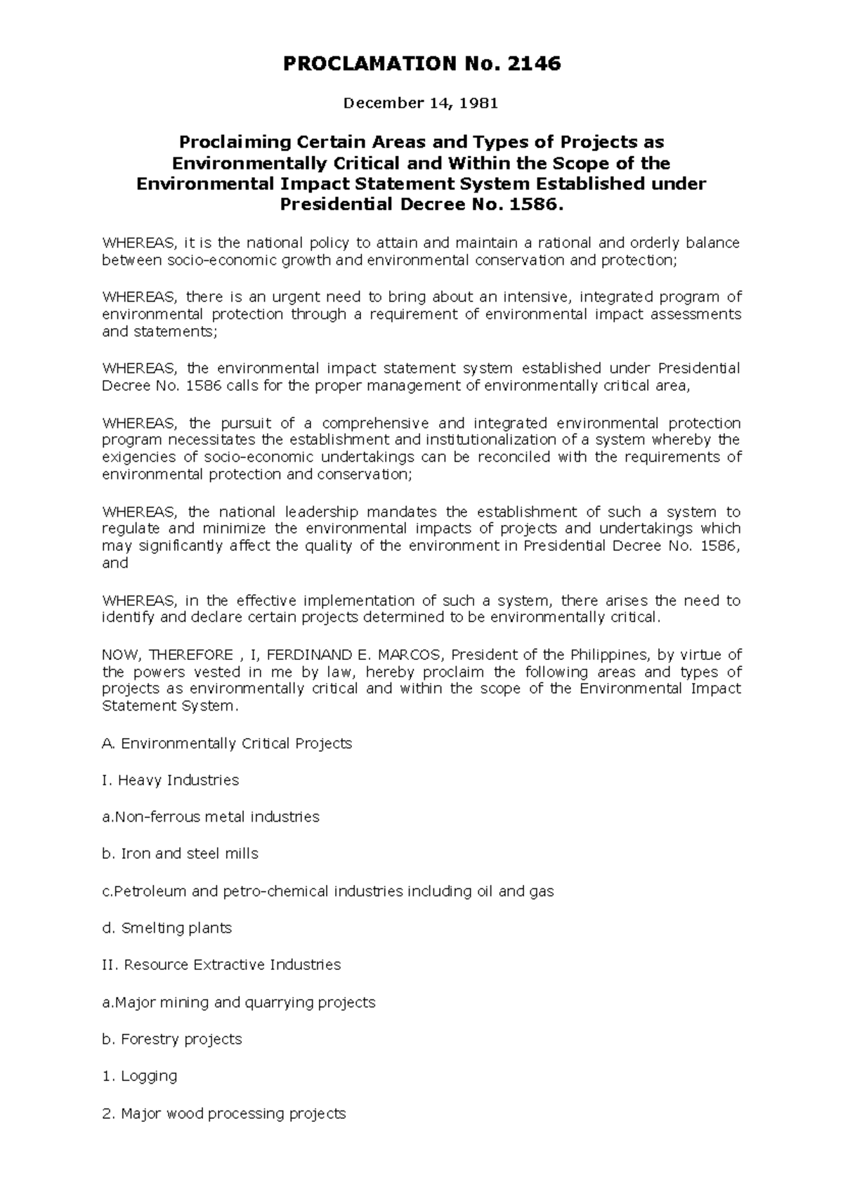 Presidential Proclamation 2146 - PROCLAMATION No. 2146 December 14 ...