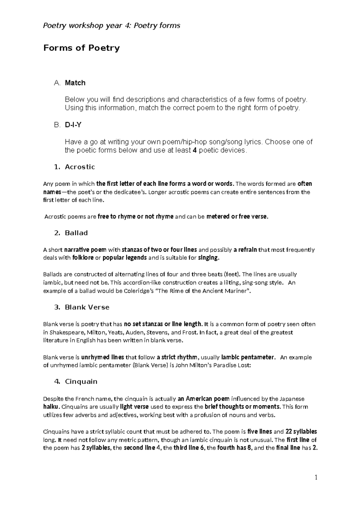 Poetry Workshop Year 4: Exploring Various Forms of Poetry - Studeersnel