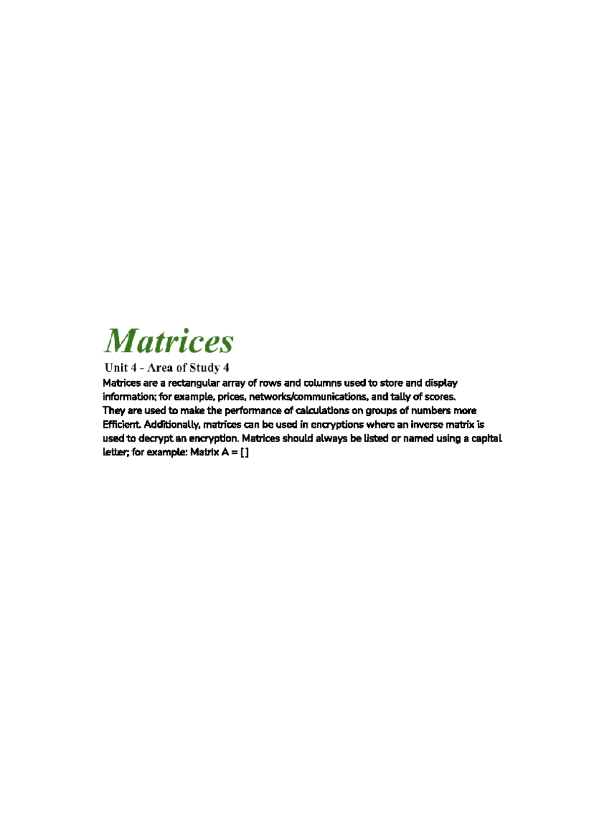 C7: Summary Notes on Matrix Operations and Applications - Studocu