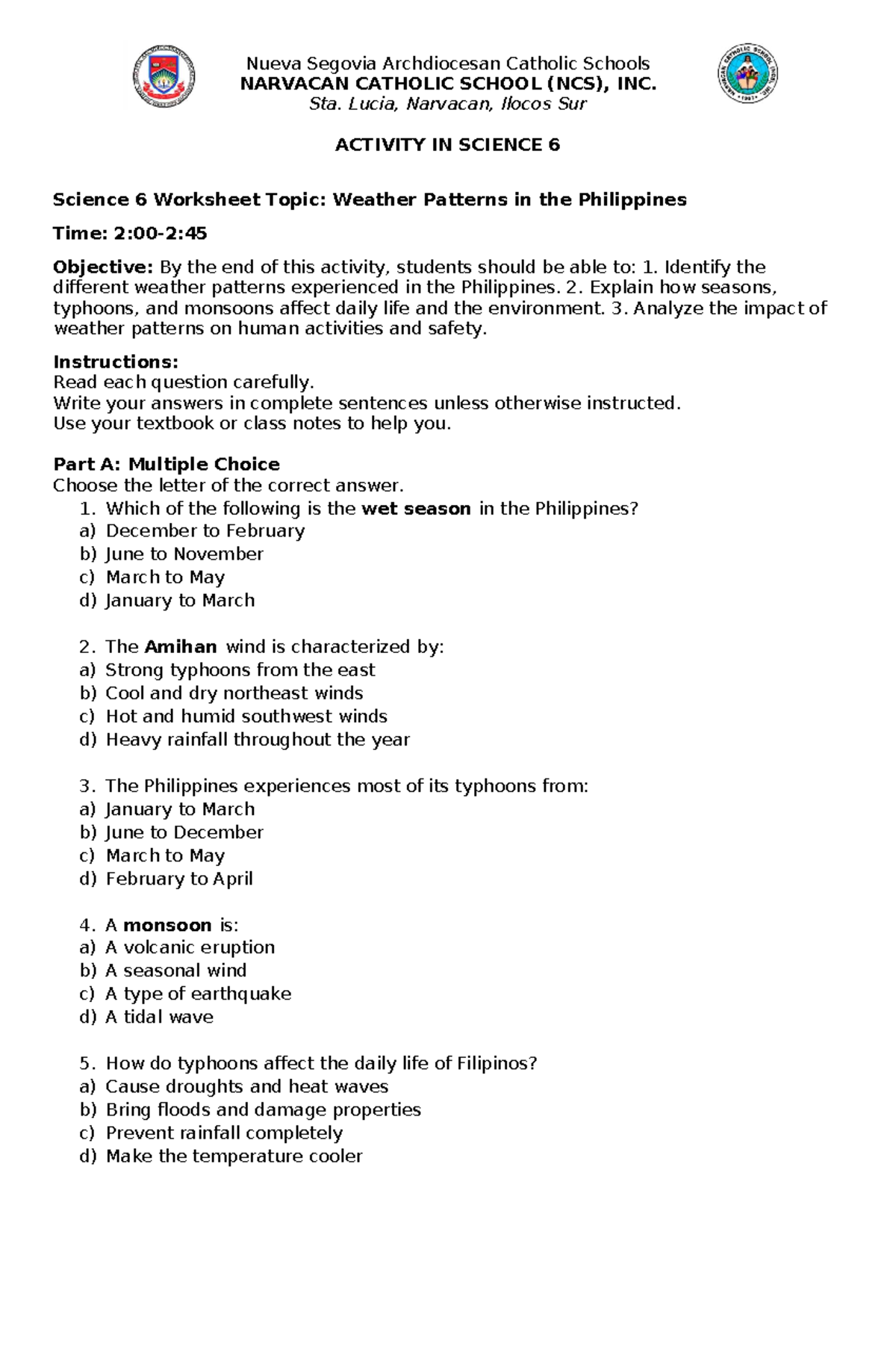 Science 6 Activity: Weather Patterns in the Philippines Worksheet - Studocu