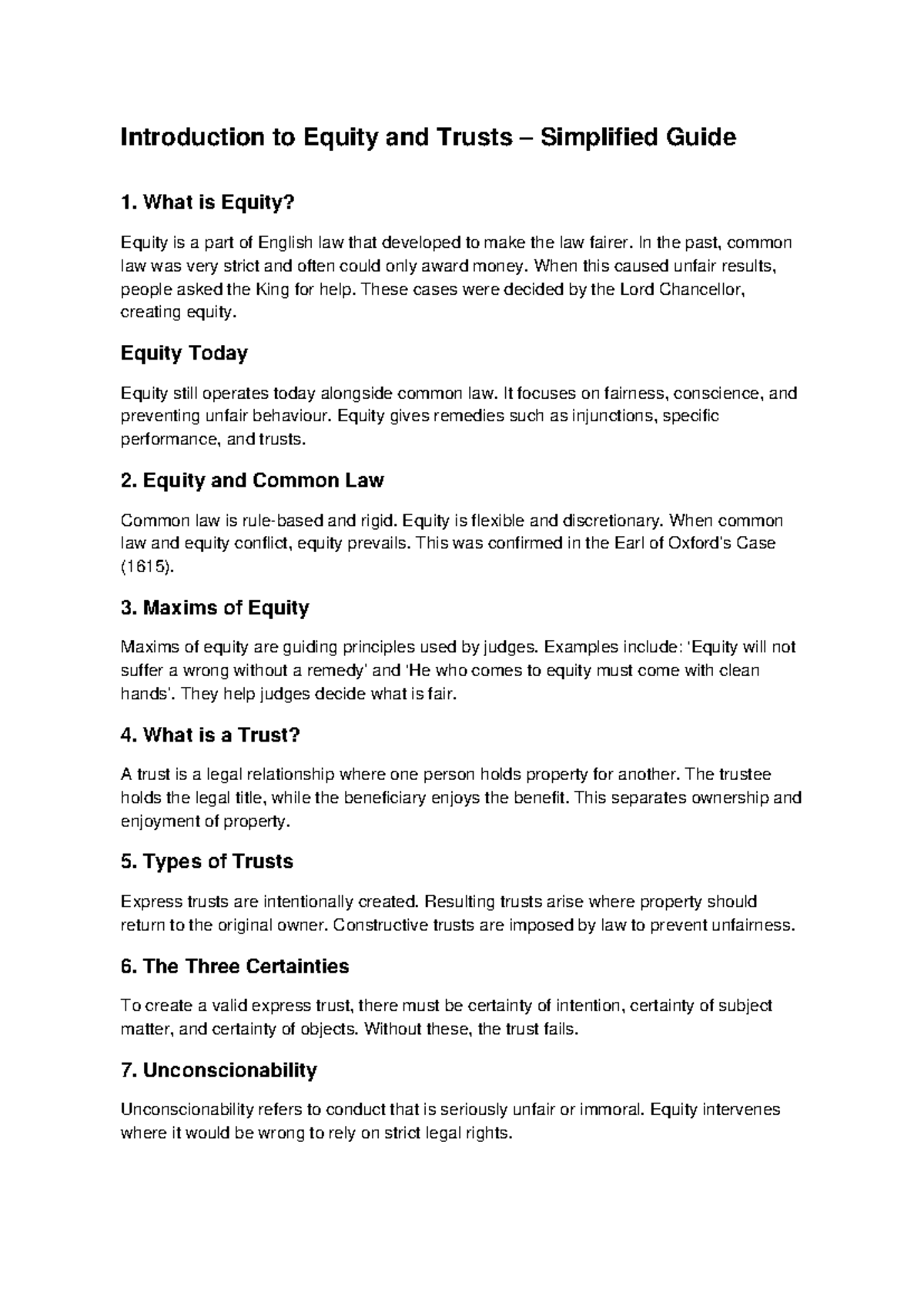 Tort Law Lecture Notes: Understanding Equity and Trusts - Studocu