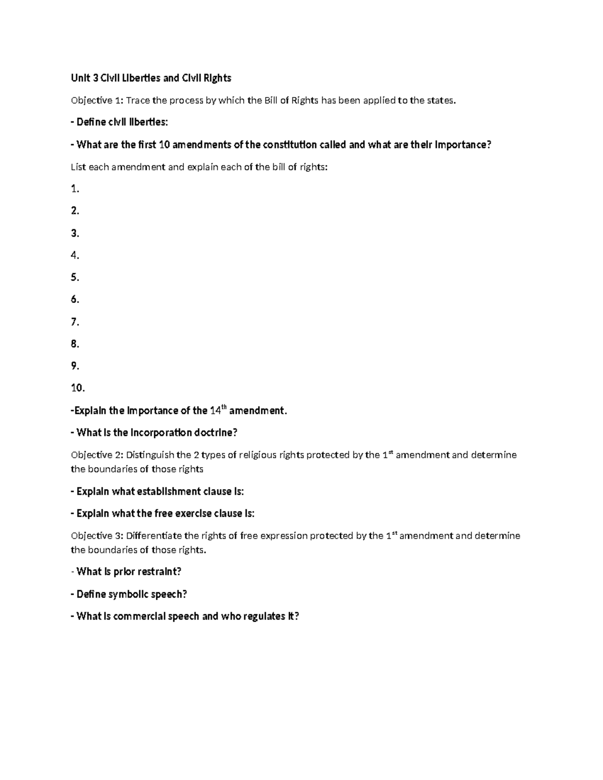 Unit 3 Civil Liberties & Rights Study Guide for Civics Course - Studocu