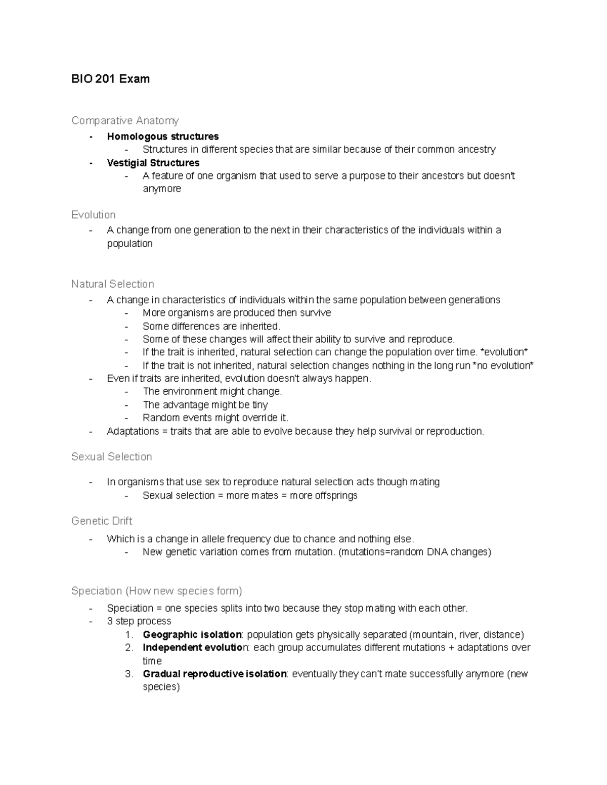 BIO 201 Final Exam Review: Comparative Anatomy and Evolution - Studocu