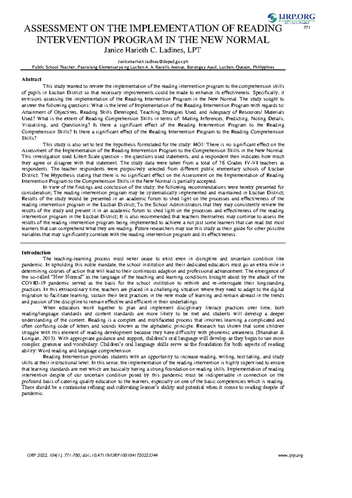 1001041720223544 - Assessment of Reading Interventions in New Normal ...