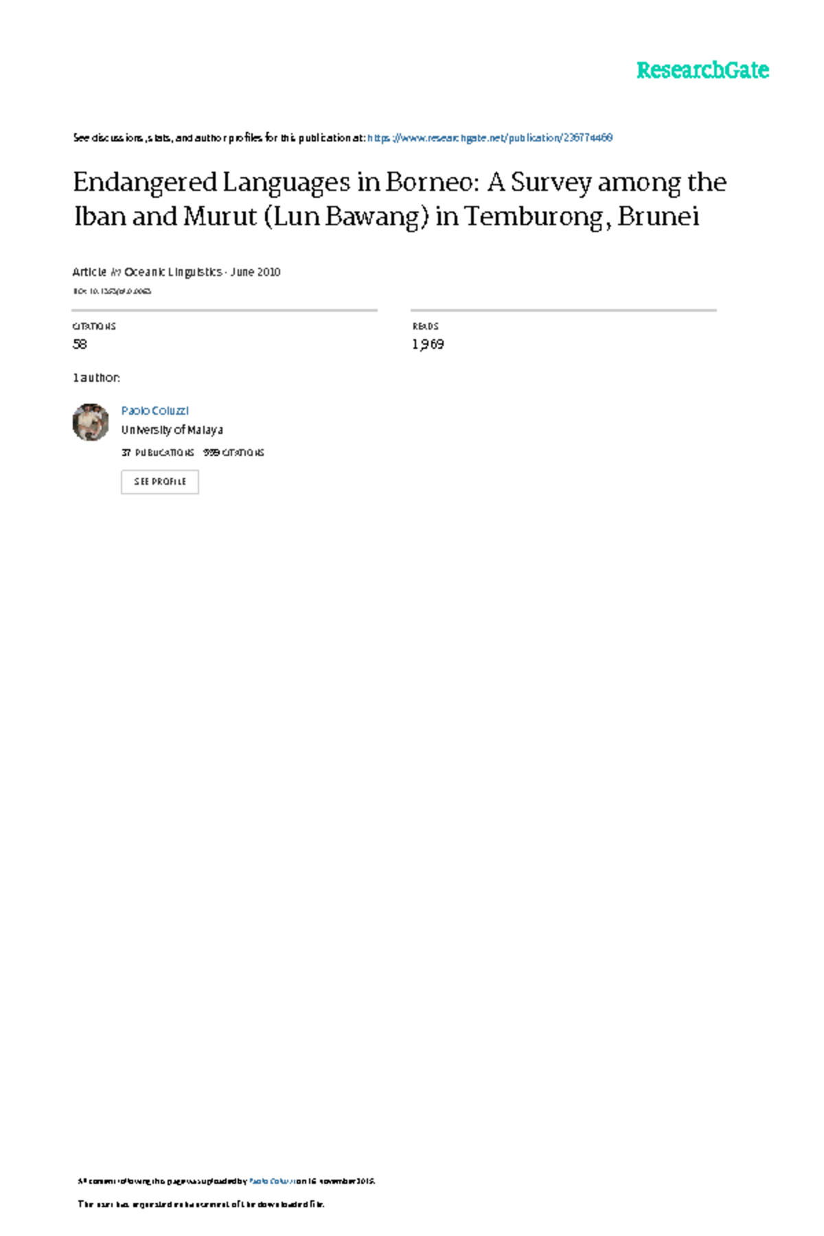 Endangered Languages in Borneo: Iban & Murut Survey in Temburong - Studocu