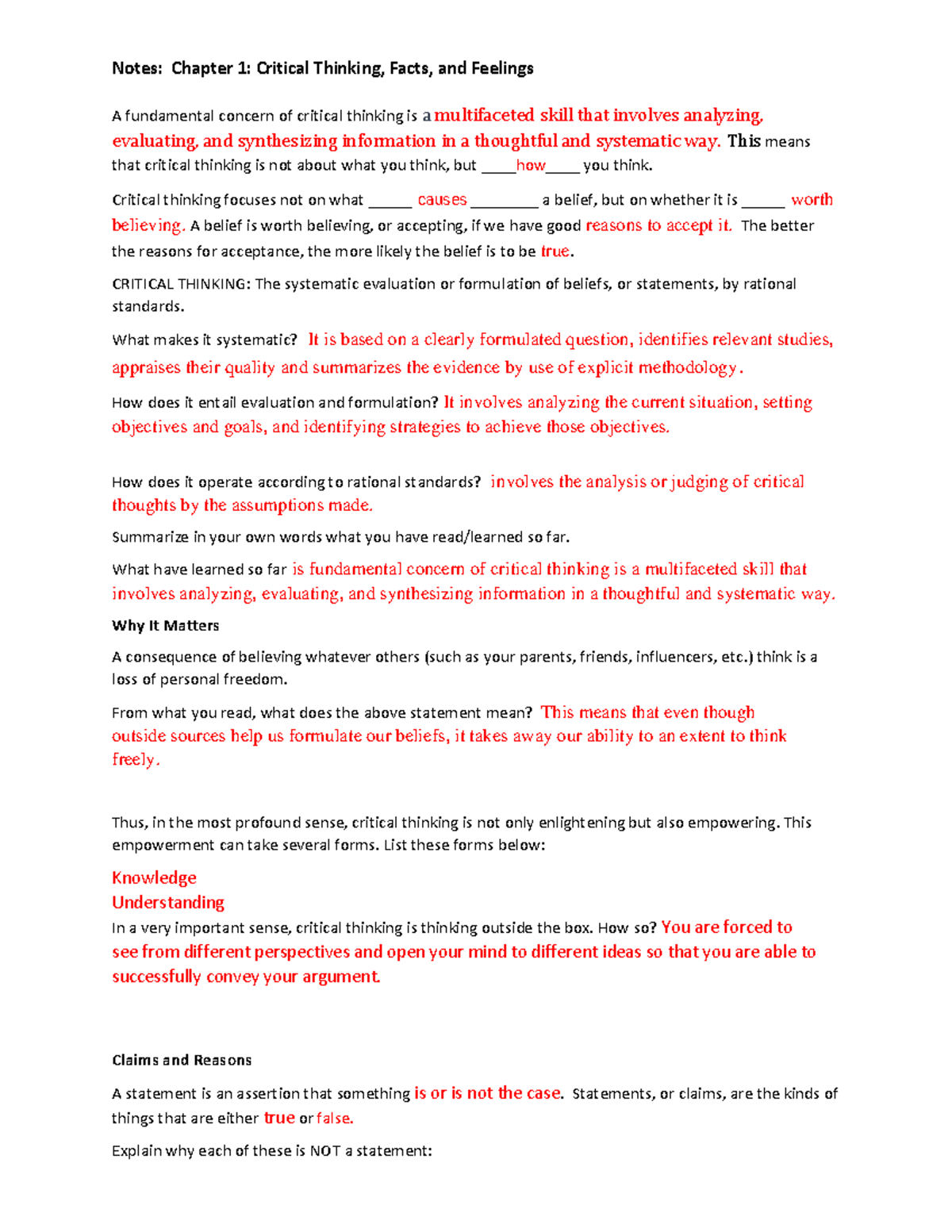 Chapter 1 Guided Reading Notes: Critical Thinking Overview - Studocu