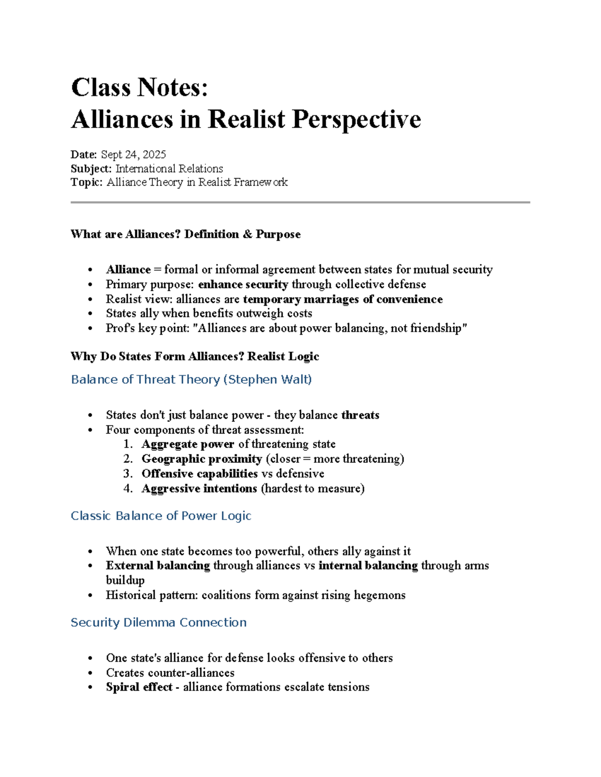 International Relations 101: Class Notes on Alliances in Realist Theory ...