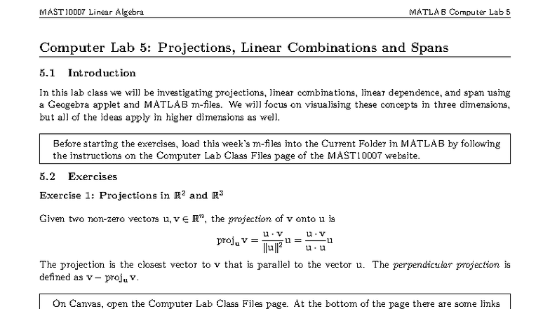 Linear Algebra MATLAB Lab 5: Projections, Combinations & Spans - Studocu