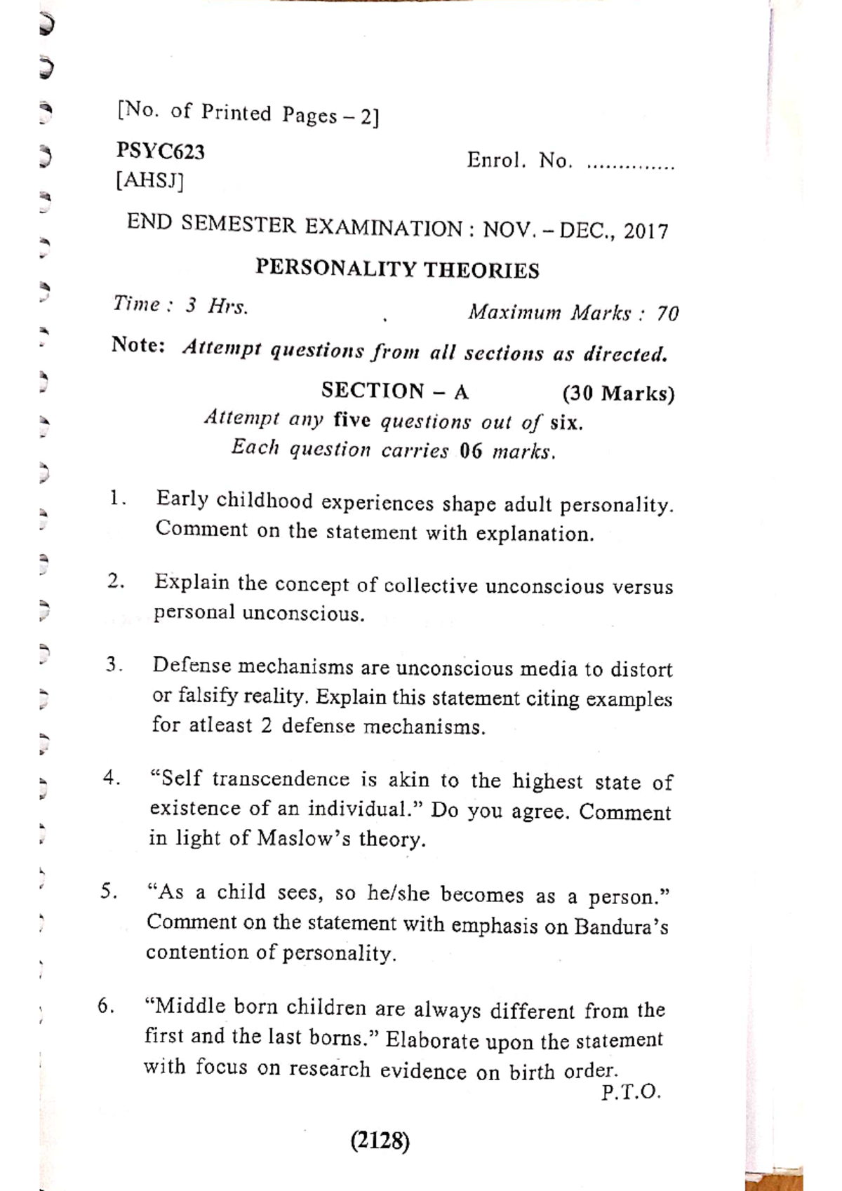 PSYC 1491: Personality Question Papers & Evaluation Techniques - Studocu