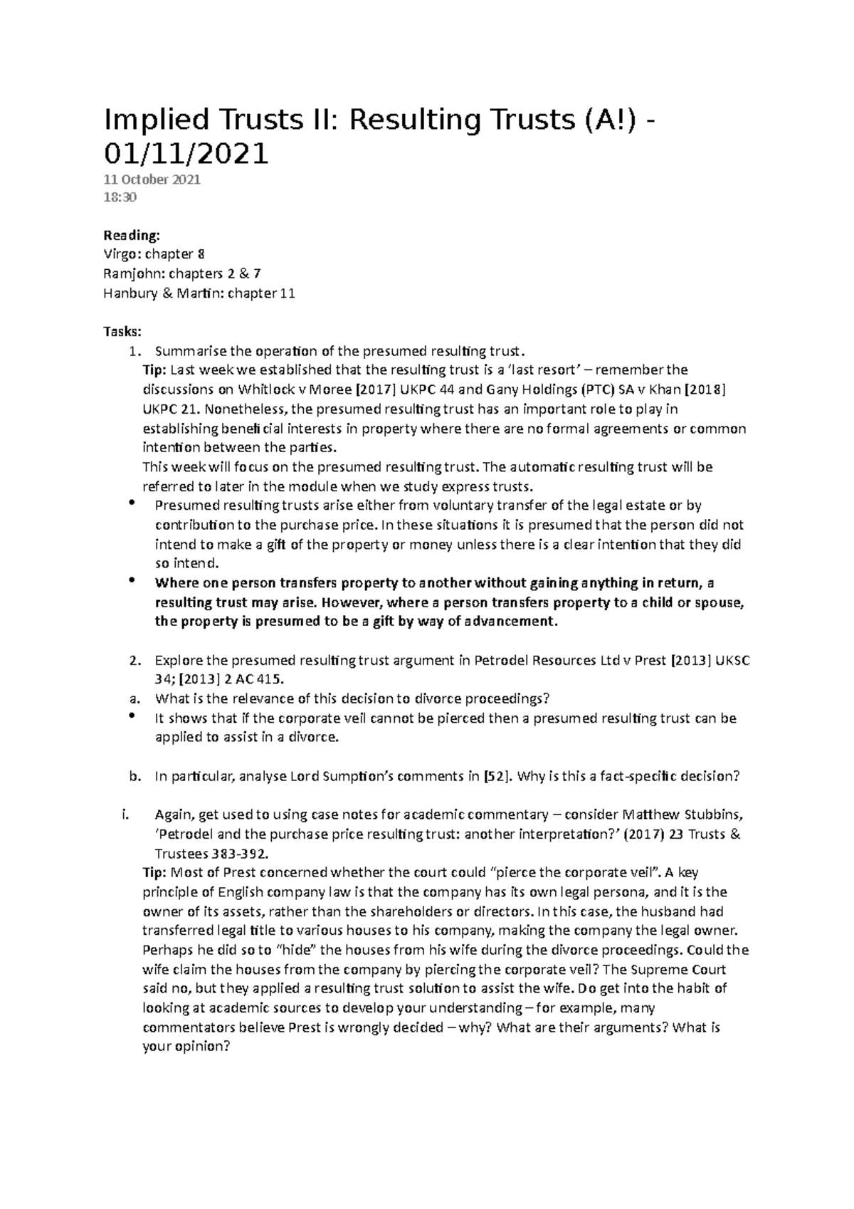 S4 - Graded Seminar on Resulting Trusts and Case Law Analysis - Studocu