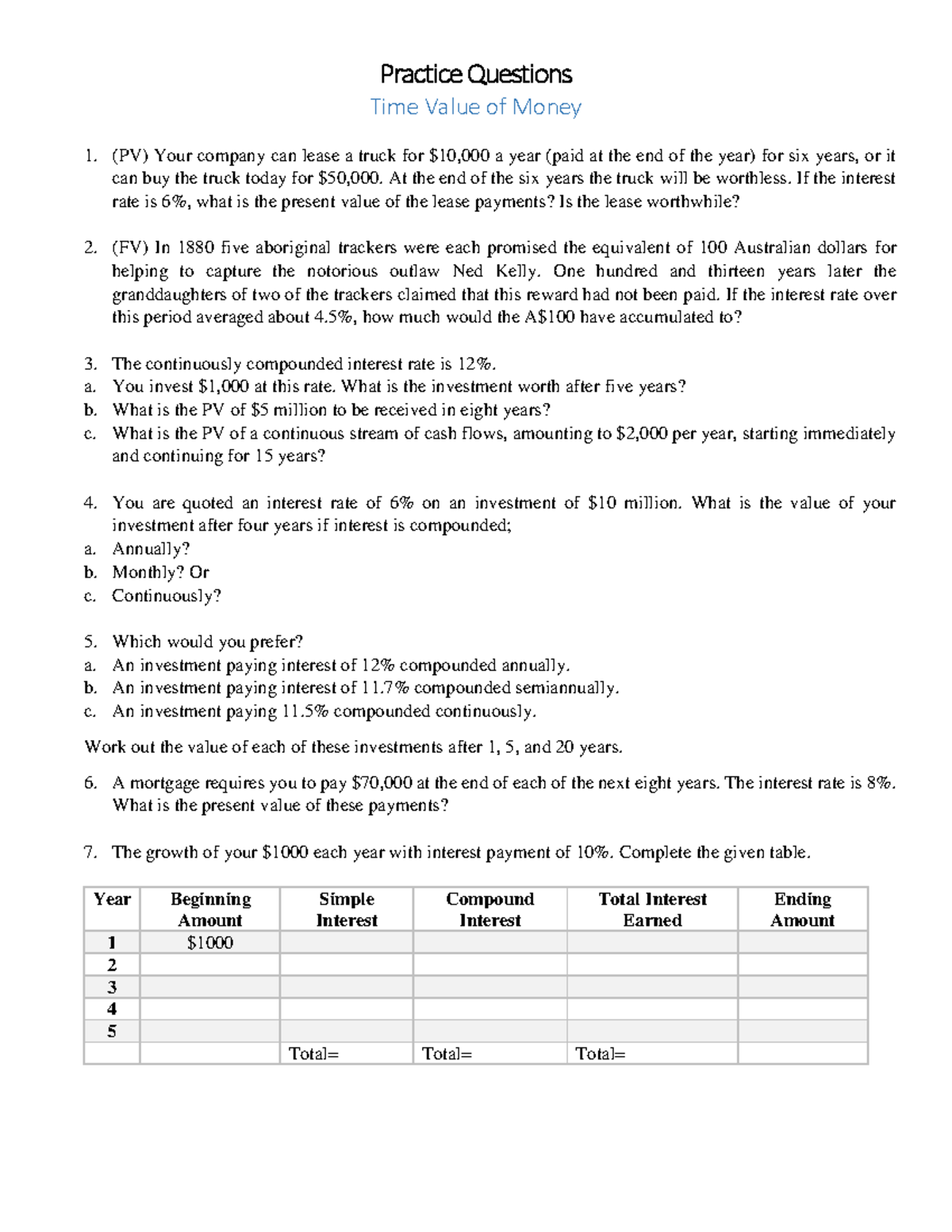 TVM Practice Questions: Analyzing Time Value Concepts and Calculations ...
