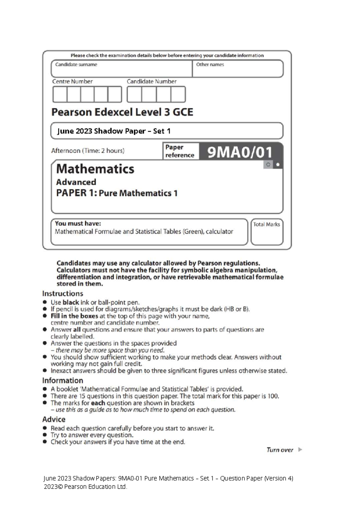 June 2023 9MA0 01 AL Pure Mathematics 1 Shadow Paper Set 1 - Studocu