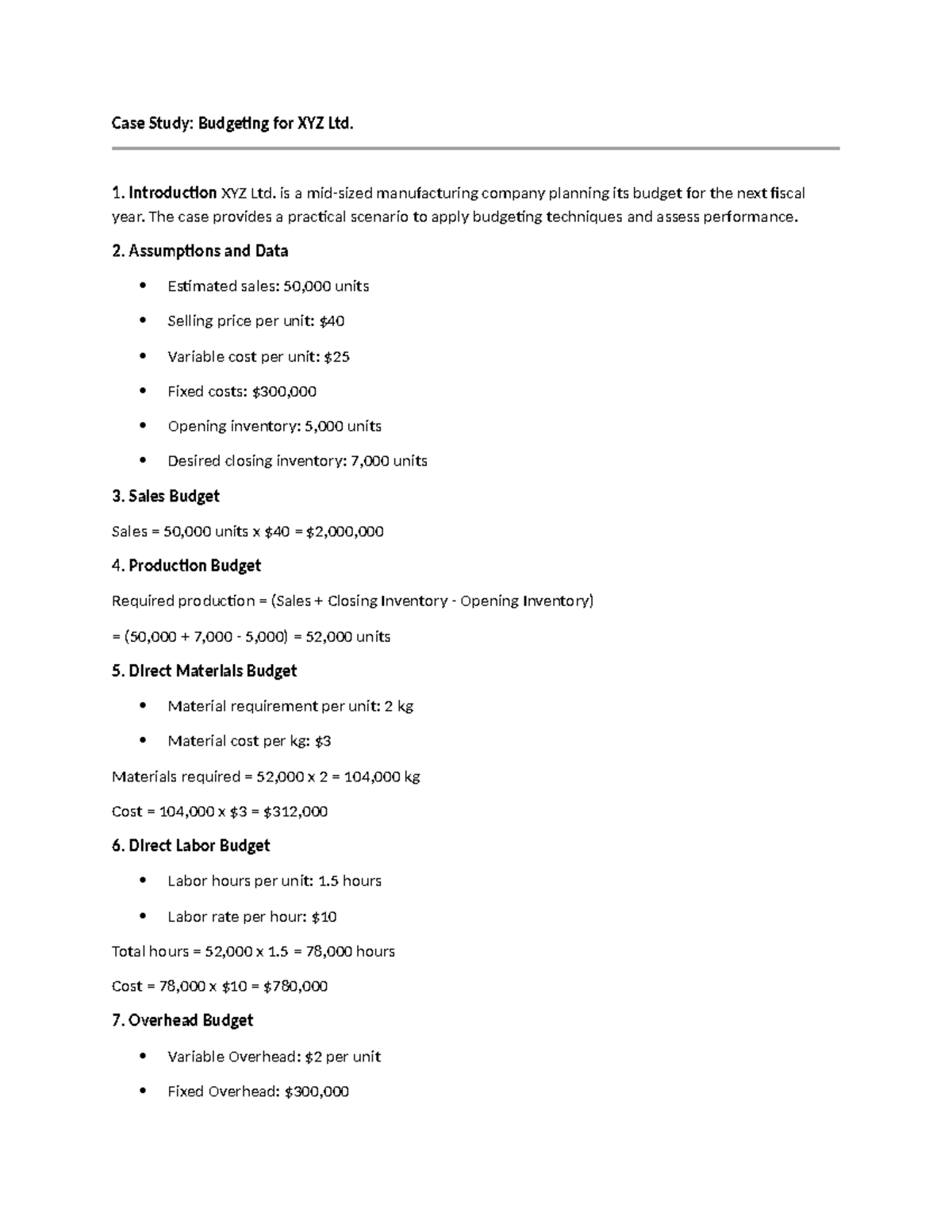 Case Study: Budgeting Strategies for XYZ Ltd (FIN-501) - Studocu