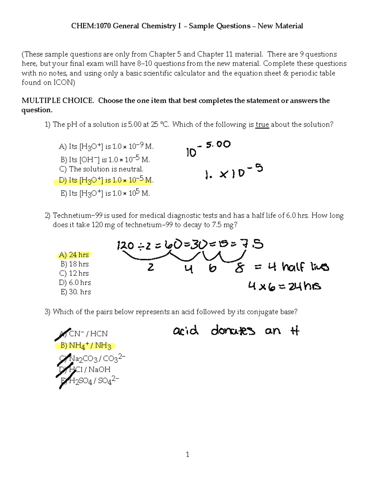 CHEM1070 Final Exam Sample Questions from New Material - Studocu