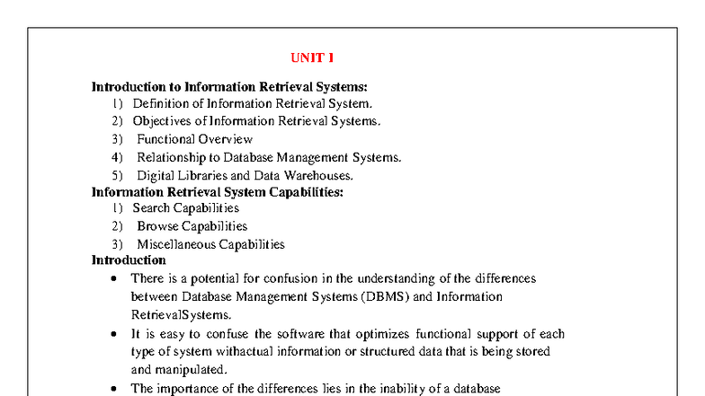 IIRS UNIT I: Overview of Information Retrieval Systems and Capabilities ...