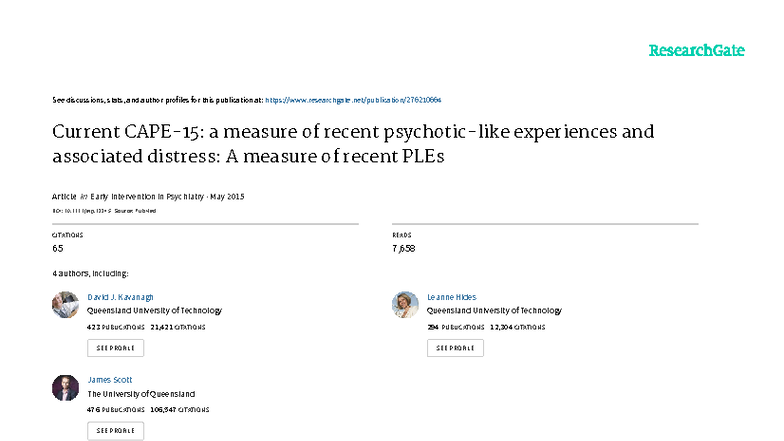 Current CAPE: A Measure of Recent Psychotic-Like Experiences (PLEs ...
