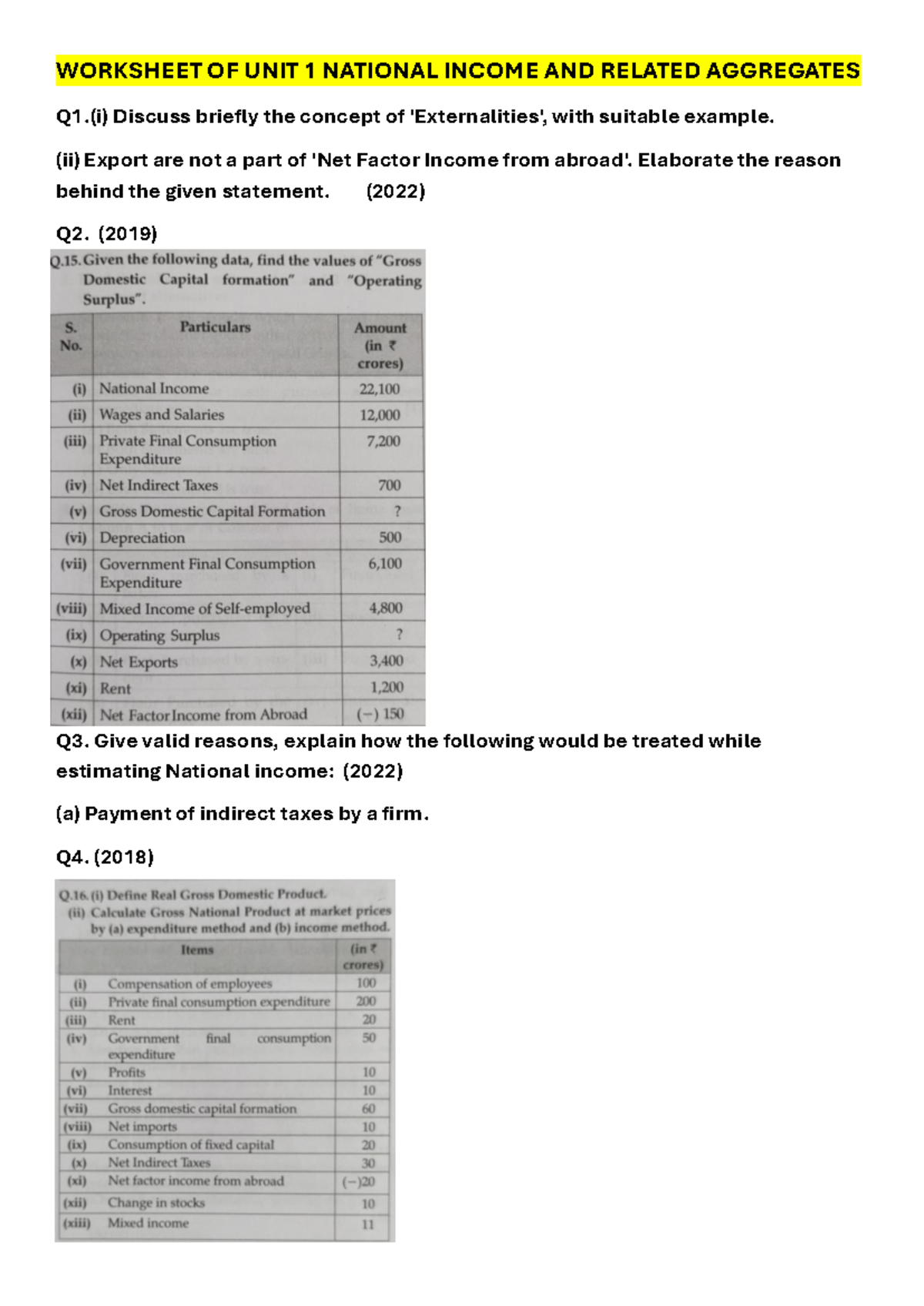 Unit 1 Worksheet: National Income & Related Aggregates (Practice) - Studocu