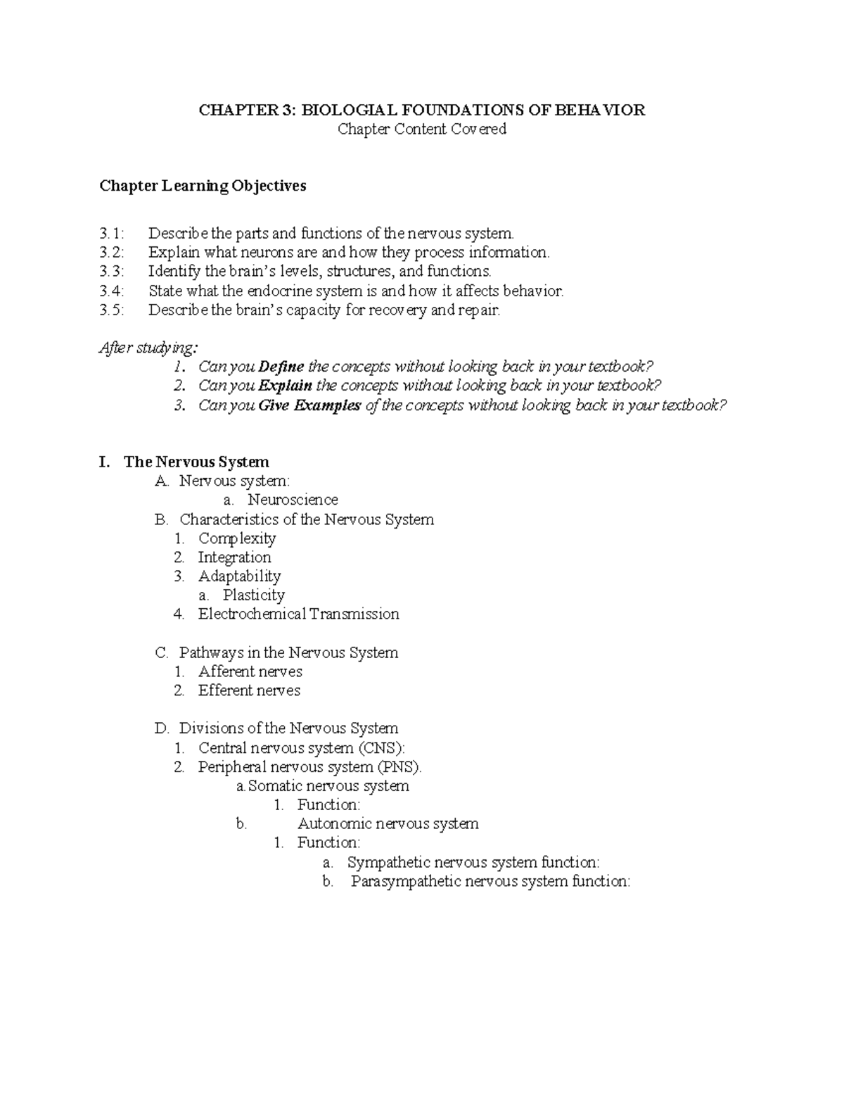 Chapter 3 Exam Study Guide: Biological Foundations of Behavior - Studocu