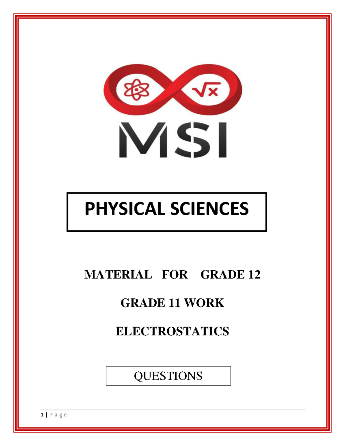 Grade 12 Physics MSI Electrostatics Questions - MATERIAL FOR GRADE 12 ...