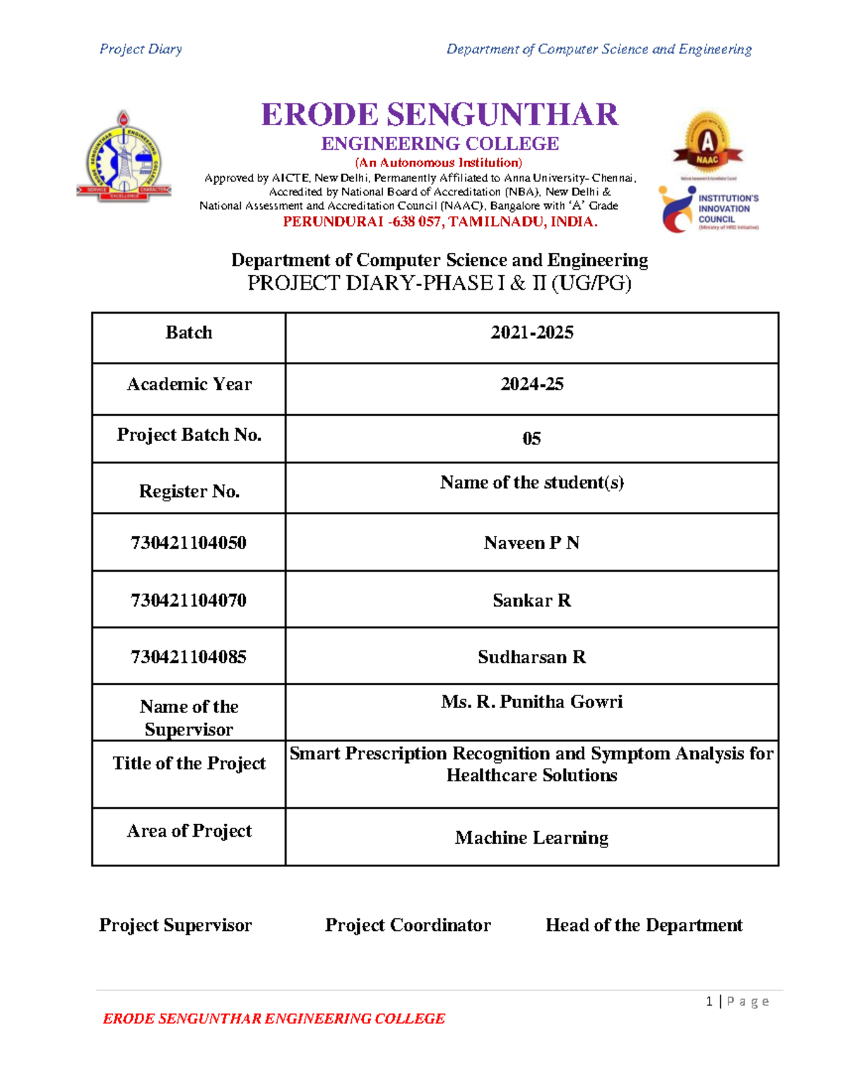 Batch 05-Project Diary - 1 | P a g e ERODE SENGUNTHAR ENGINEERING ...