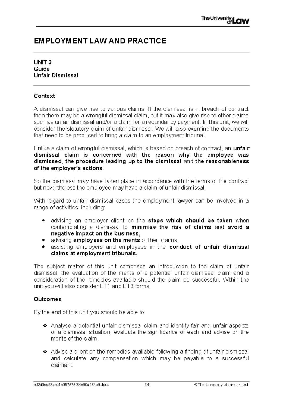 EL UNIT 5A: STUDENT GUIDE ON UNFAIR DISMISSAL IN EMPLOYMENT LAW - Studocu