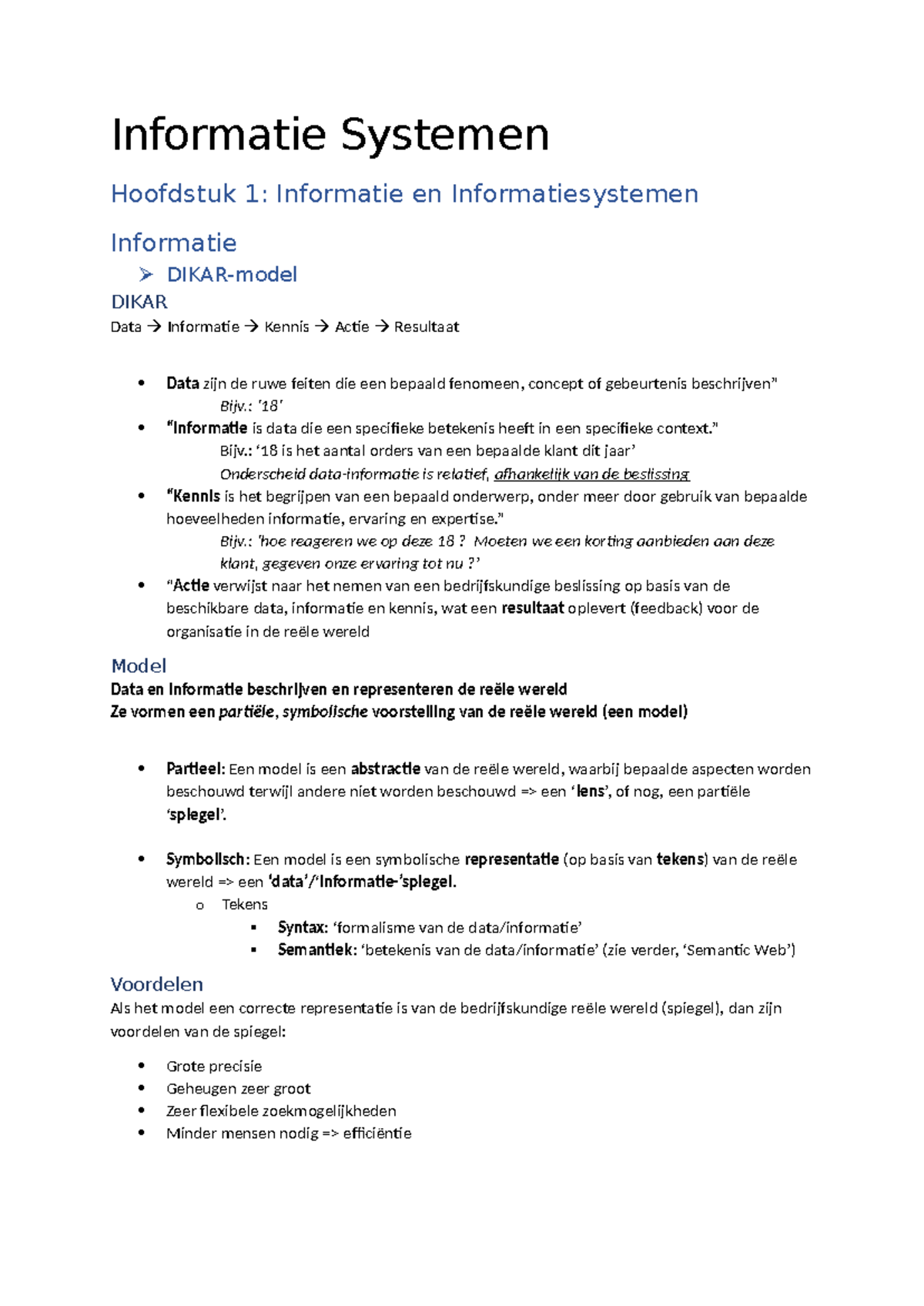 Informatiesystemen - Hoofdstuk 1: DIKAR-model en Voordelen - Studocu
