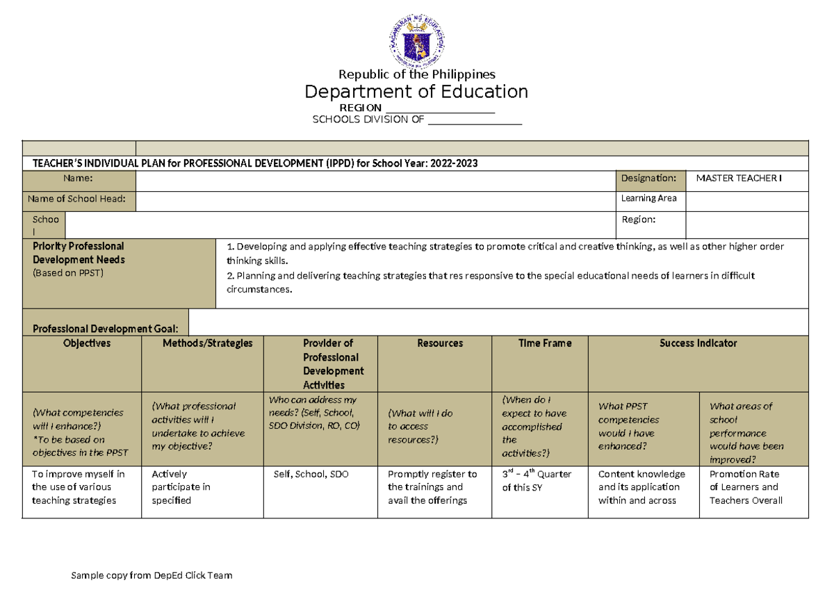IPPD - Teacher's Individual Development Plan for SY 2022-2023 - Studocu