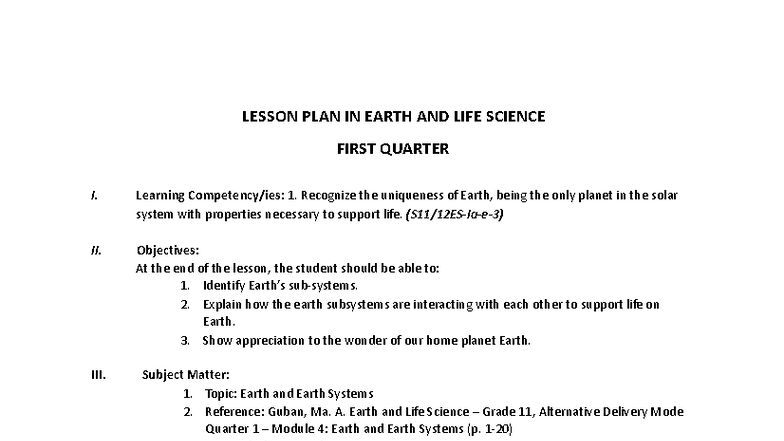 LESSON PLAN: EARTH & LIFE SCIENCE Q1 - EARTH SYSTEMS - Studocu