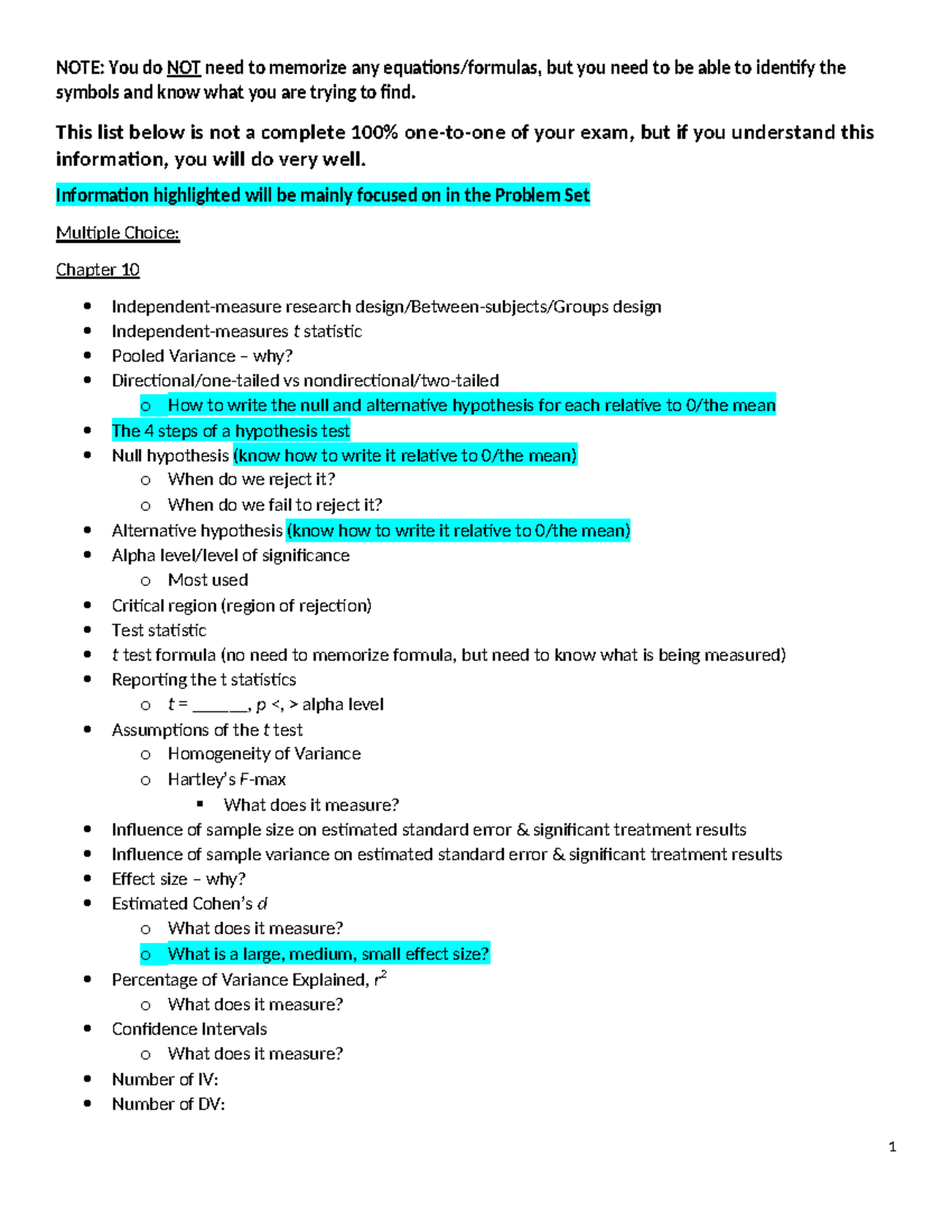 Exam #3 Review Sheet: Hypothesis Testing & t-Statistics Guide - Studocu