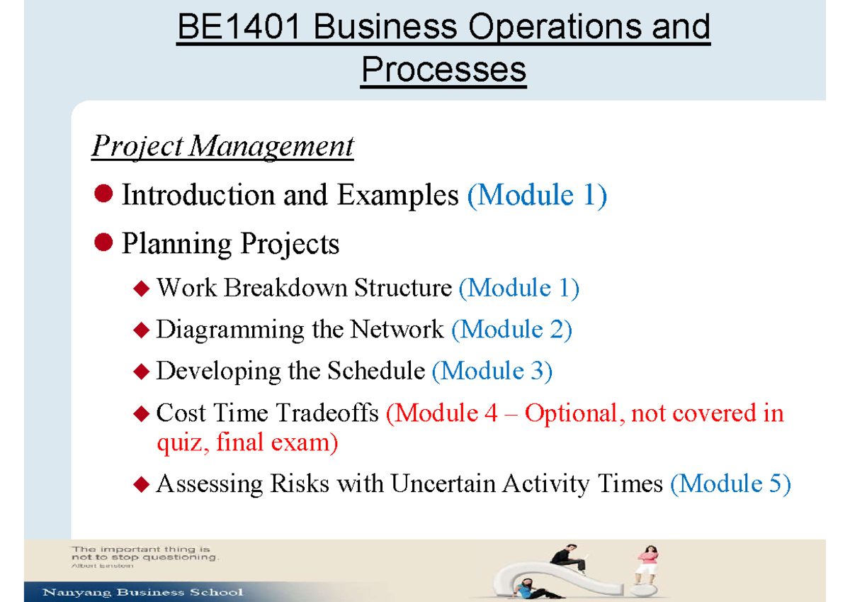 BE1401 Project Management: Modules 1-5 Overview and Examples - Studocu