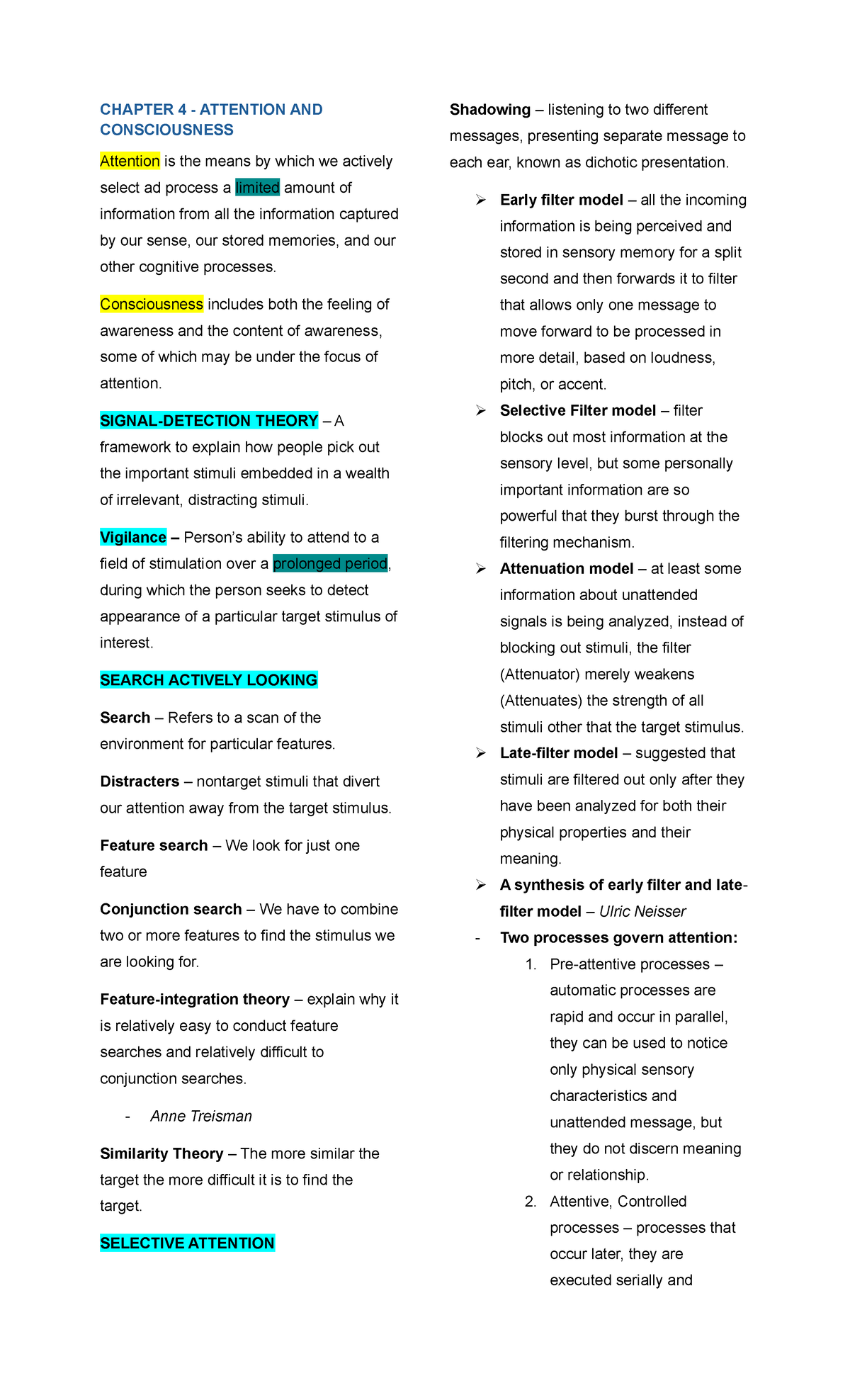 Chapter 4 Notes: Attention and Consciousness in Cognitive Psychology ...